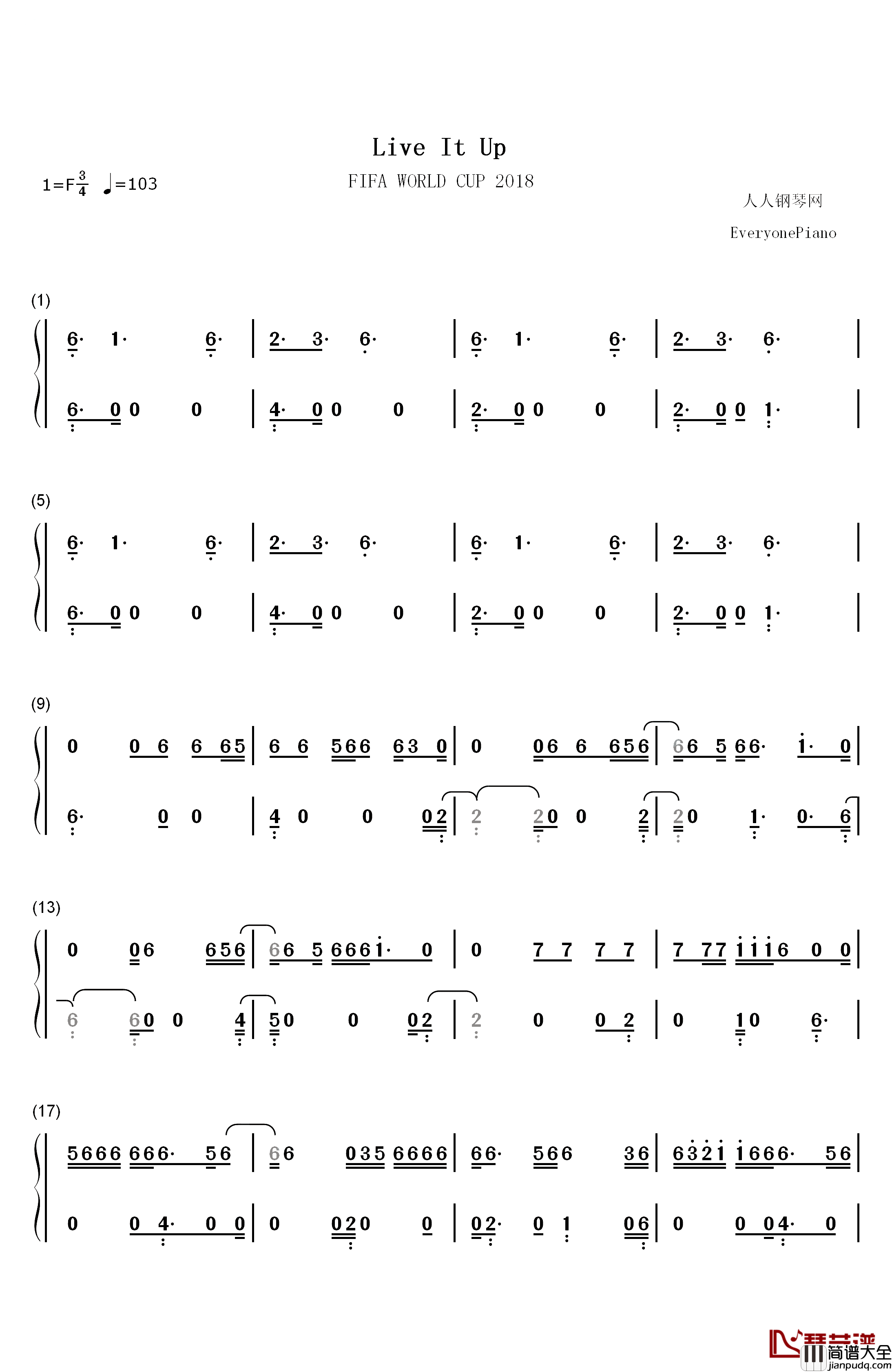 Live_It_Up钢琴简谱_数字双手_Nicky_Jam_Will_Smith_Era_Istrefi