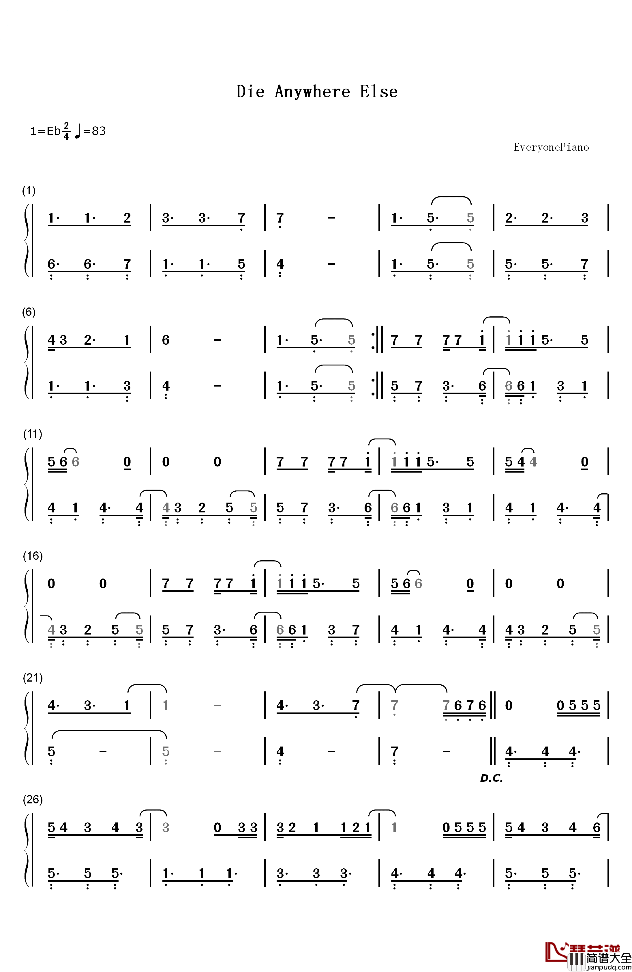 Die_Anywhere_Else钢琴简谱_数字双手_Alec_Holowka