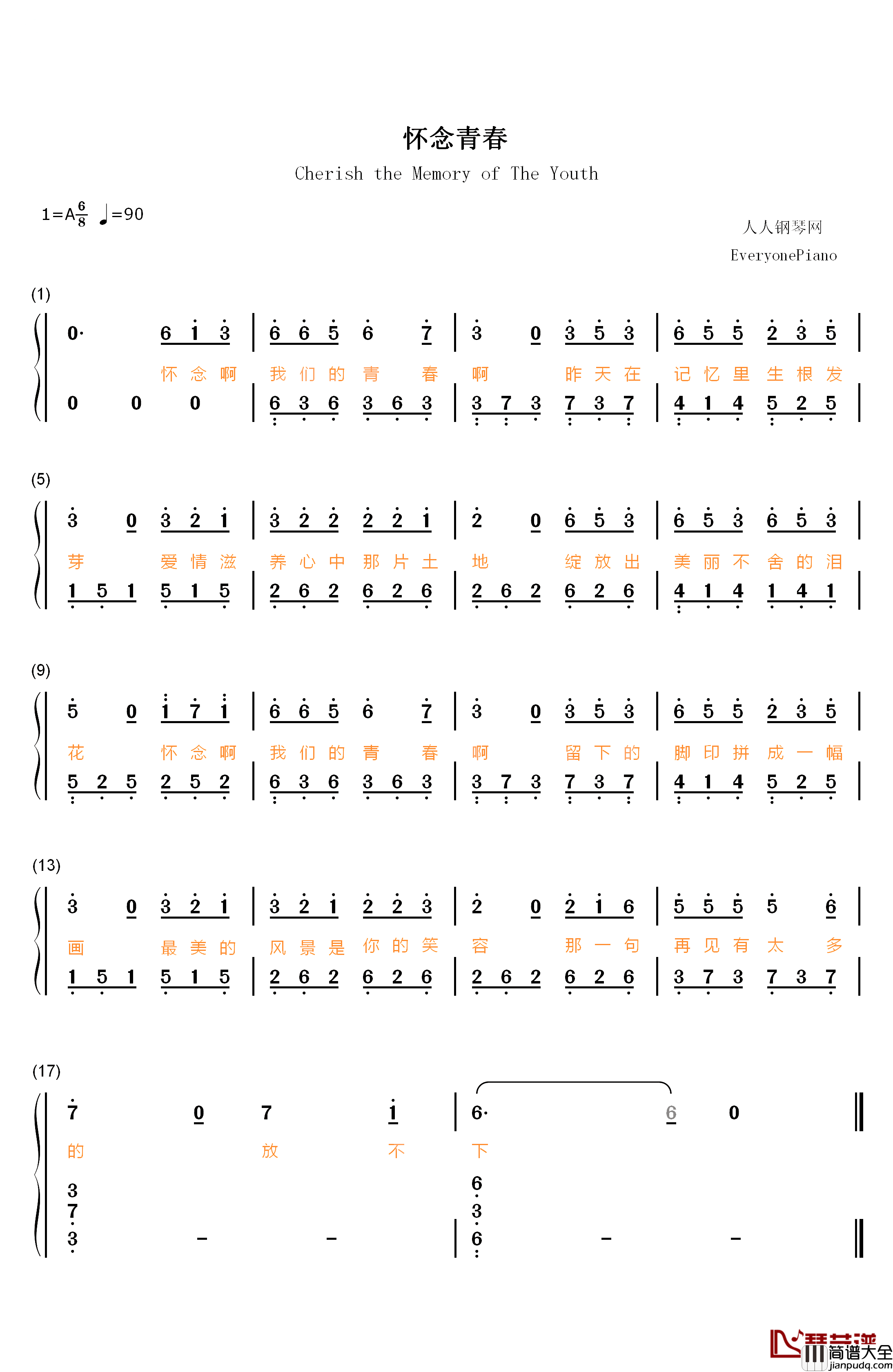 怀念青春钢琴简谱_数字双手_刘刚_旭日阳刚