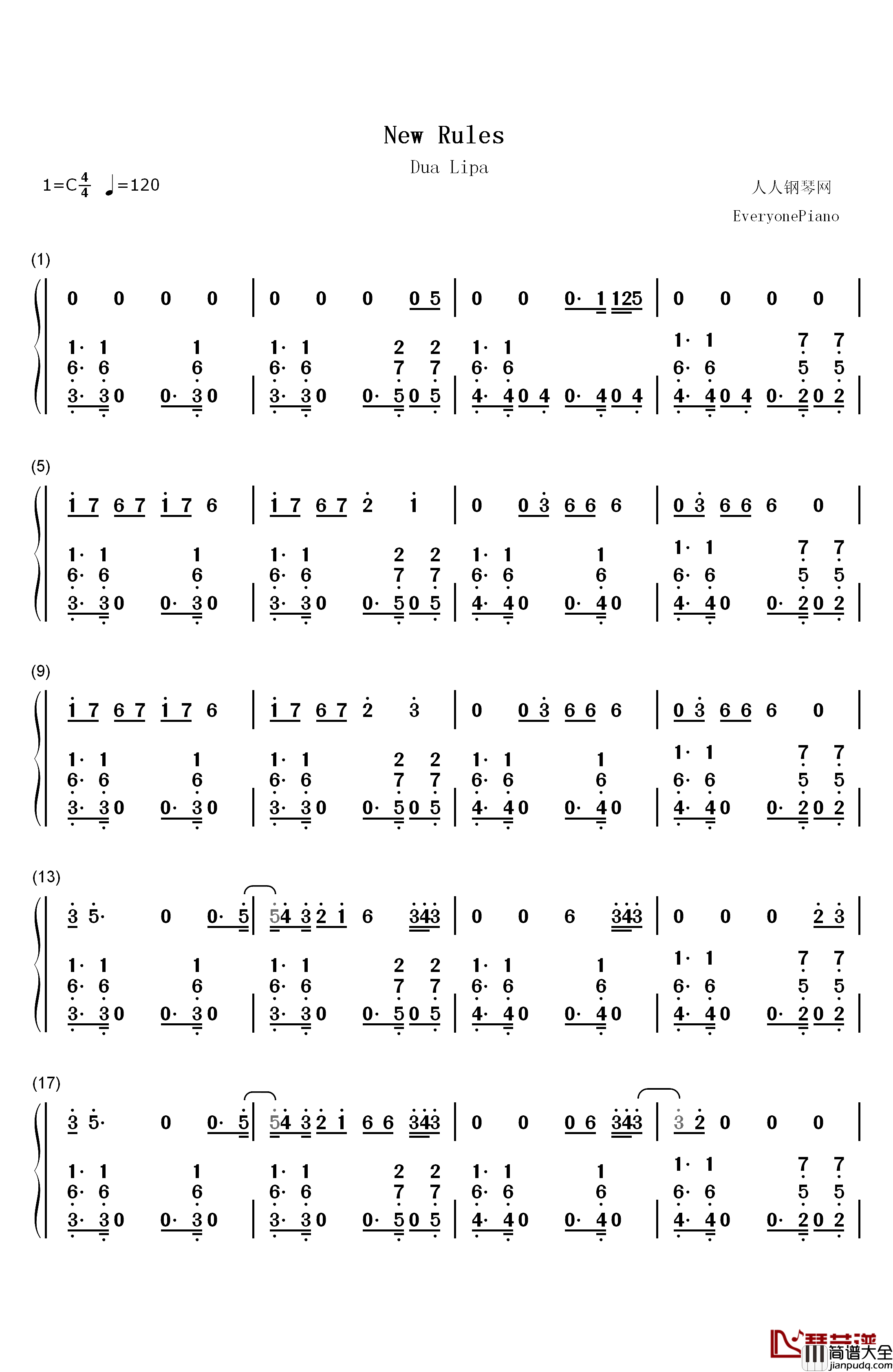 New_Rules钢琴简谱_数字双手_Dua_Lipa