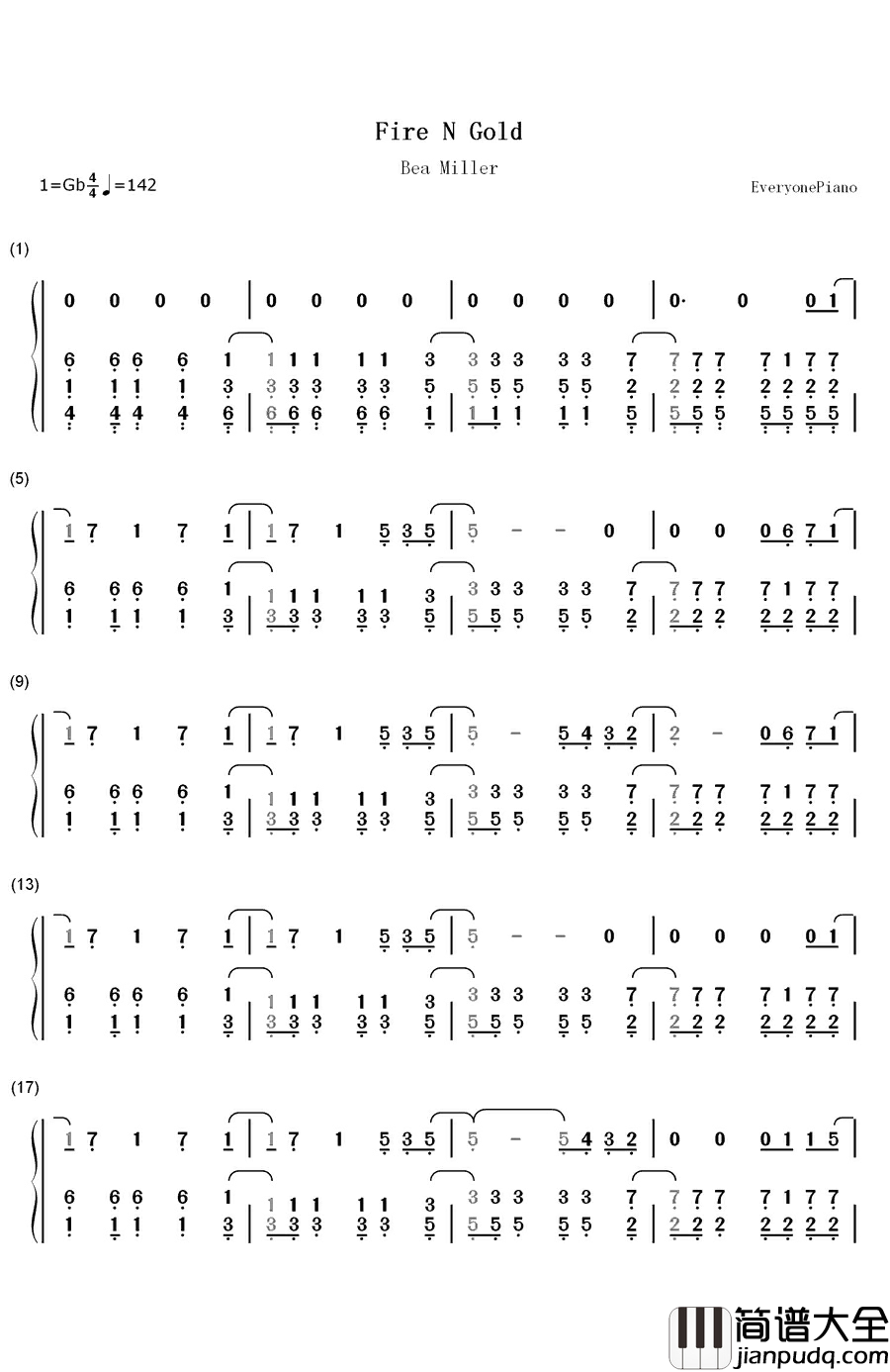 Fire_N_Gold钢琴简谱_数字双手_Bea_Miller