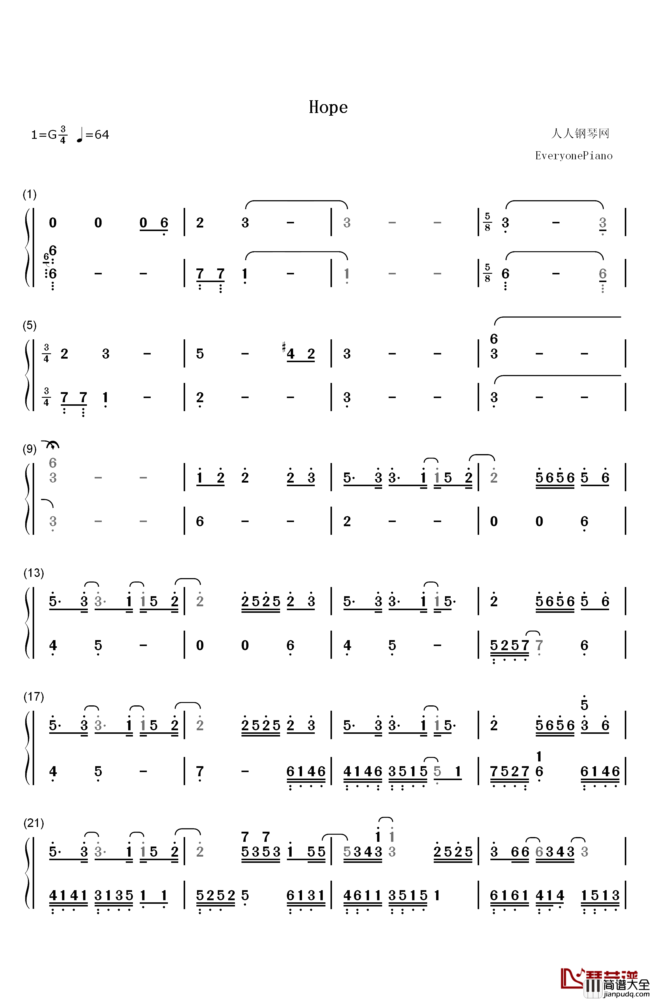 Hope钢琴简谱_数字双手_麻枝准