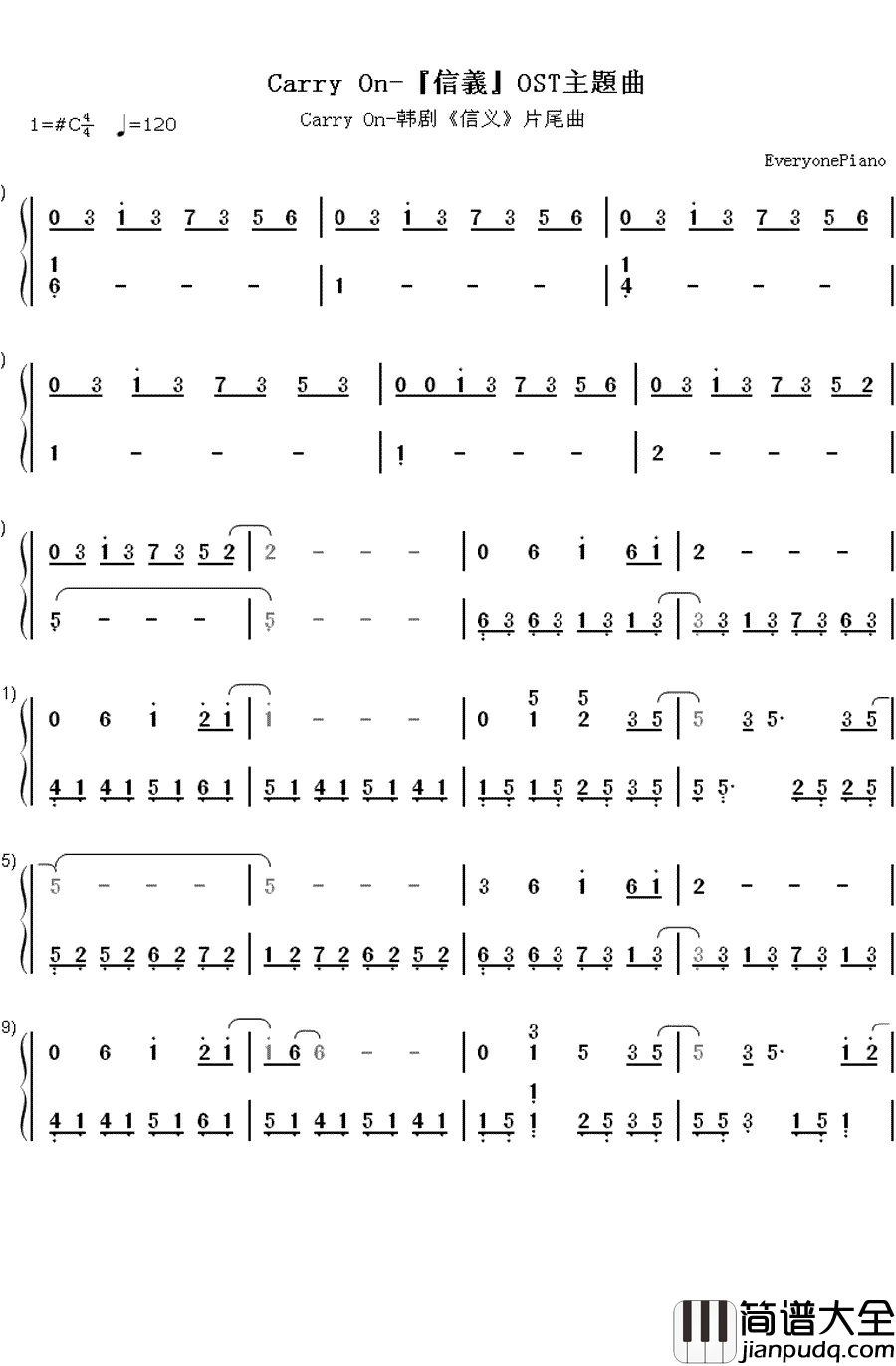 Carry_On钢琴简谱_数字双手_Ali