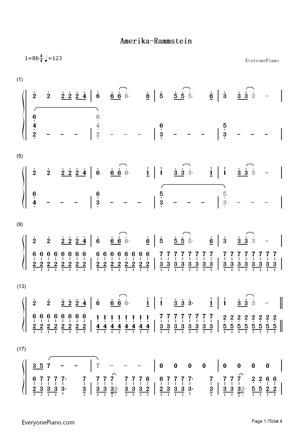 Amerika钢琴简谱_数字双手_Rammstein