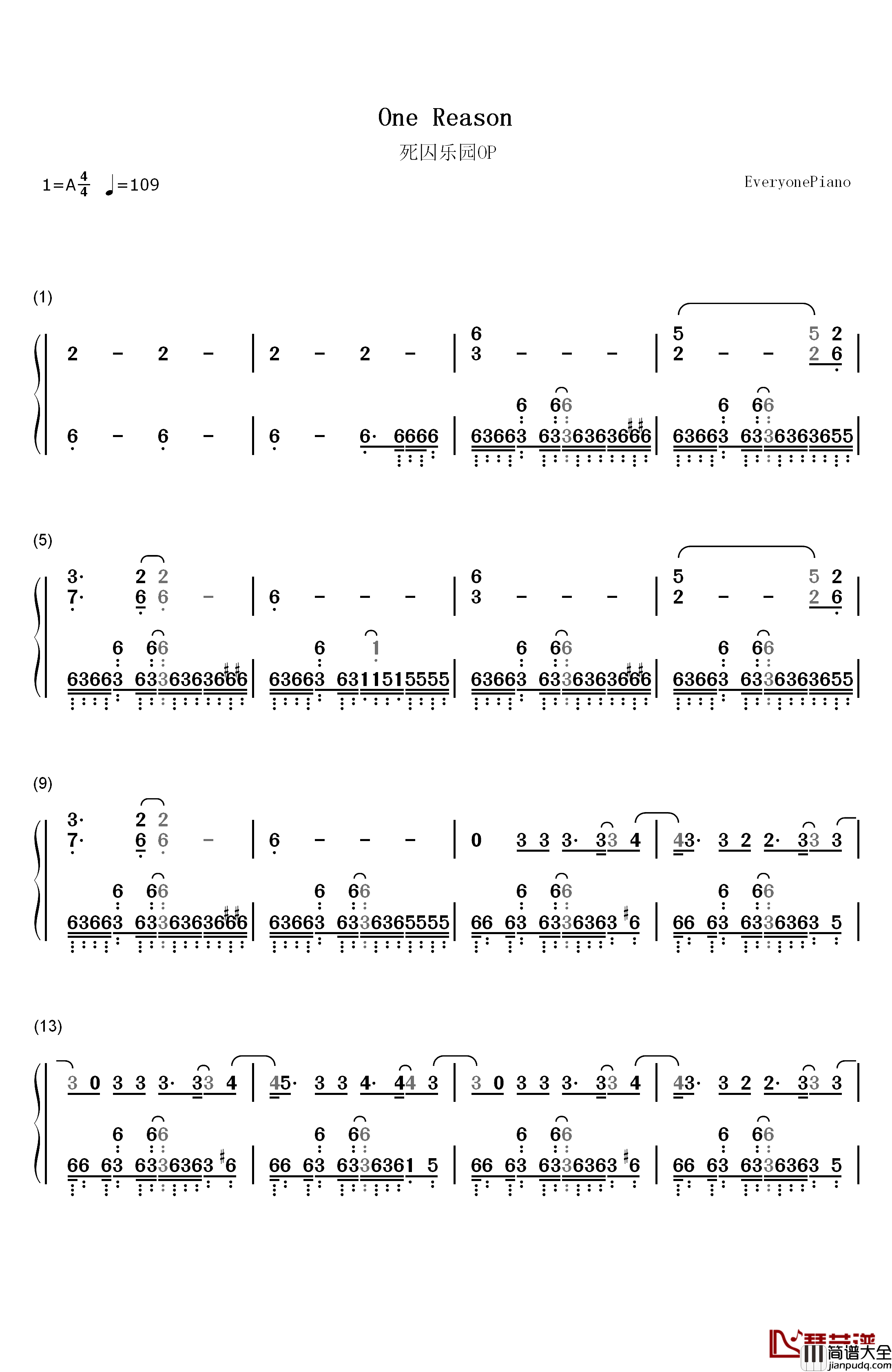 One_Reason钢琴简谱_数字双手_fade