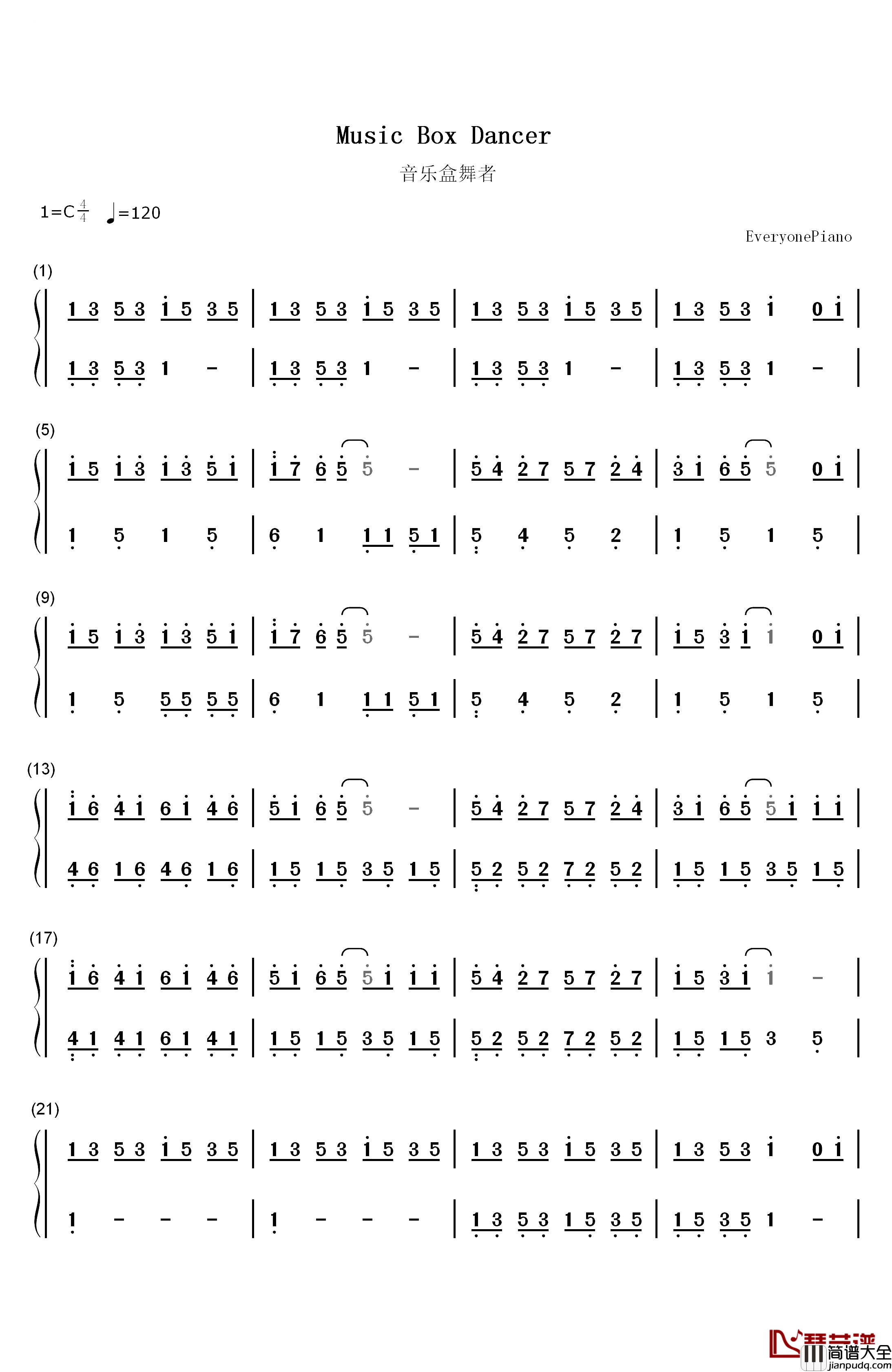 音乐盒舞者钢琴简谱_数字双手_理查德克莱德曼