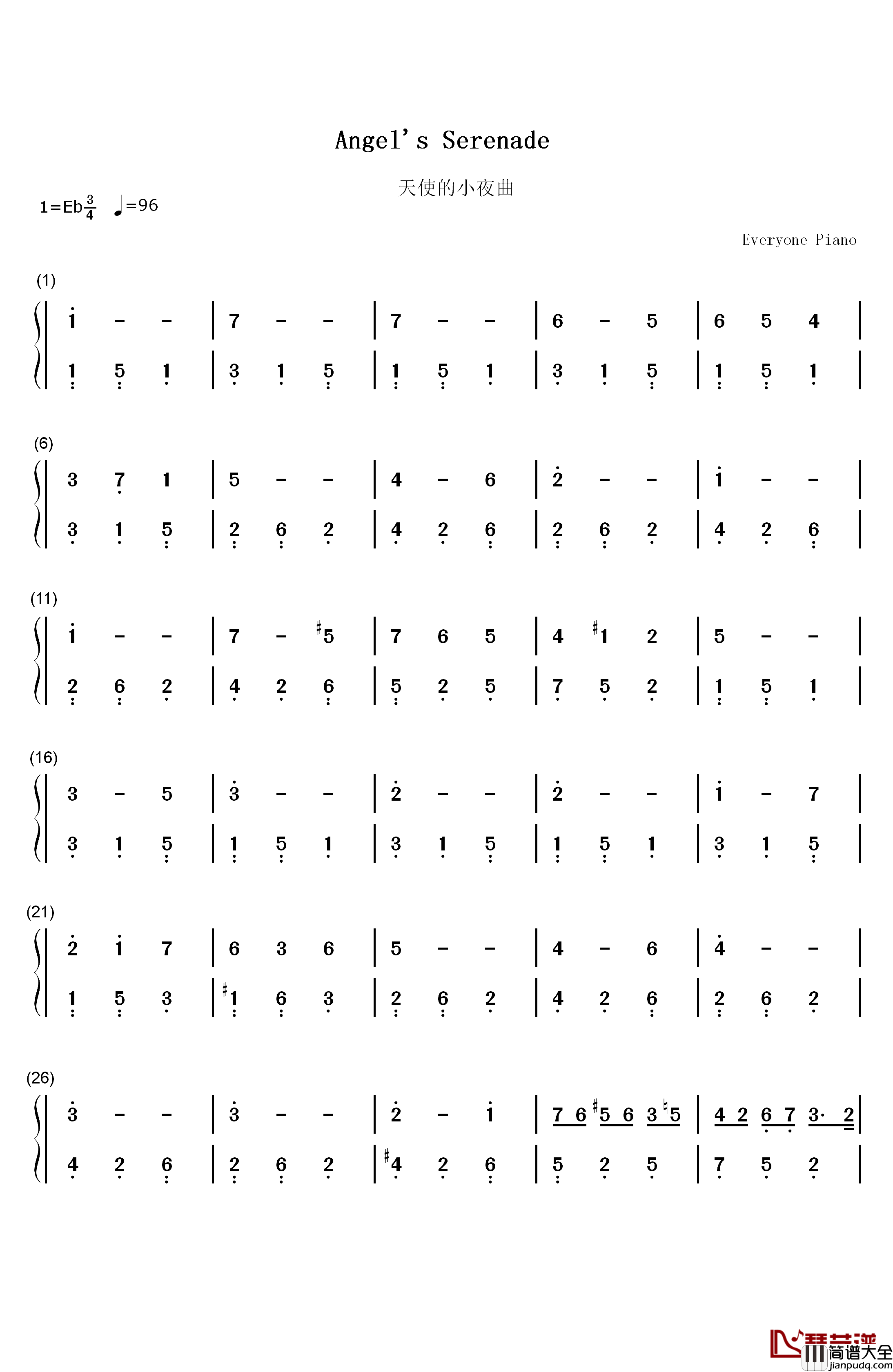 天使的小夜曲钢琴简谱_数字双手_布拉加