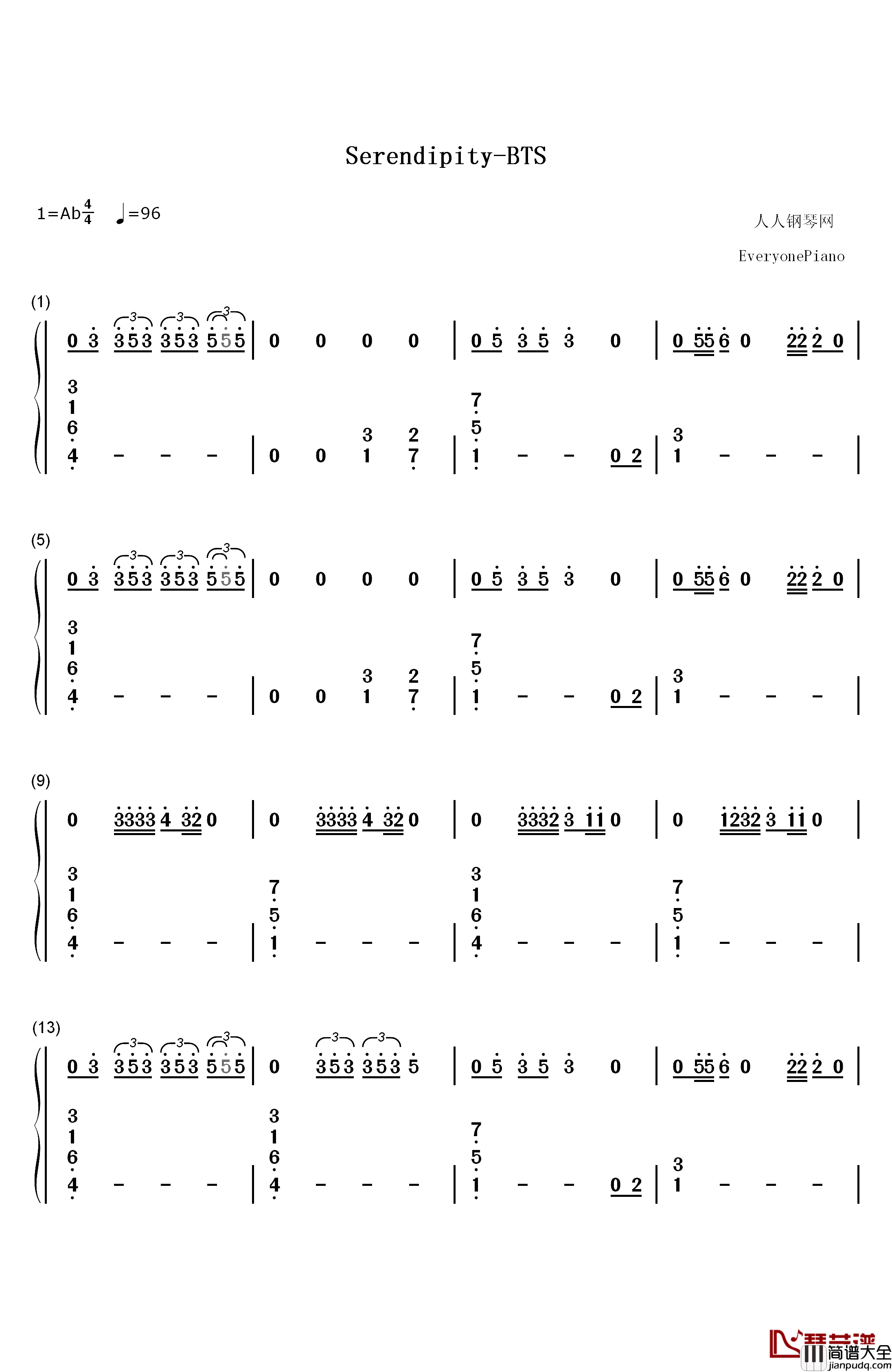 Serendipity钢琴简谱_数字双手_防弹少年团