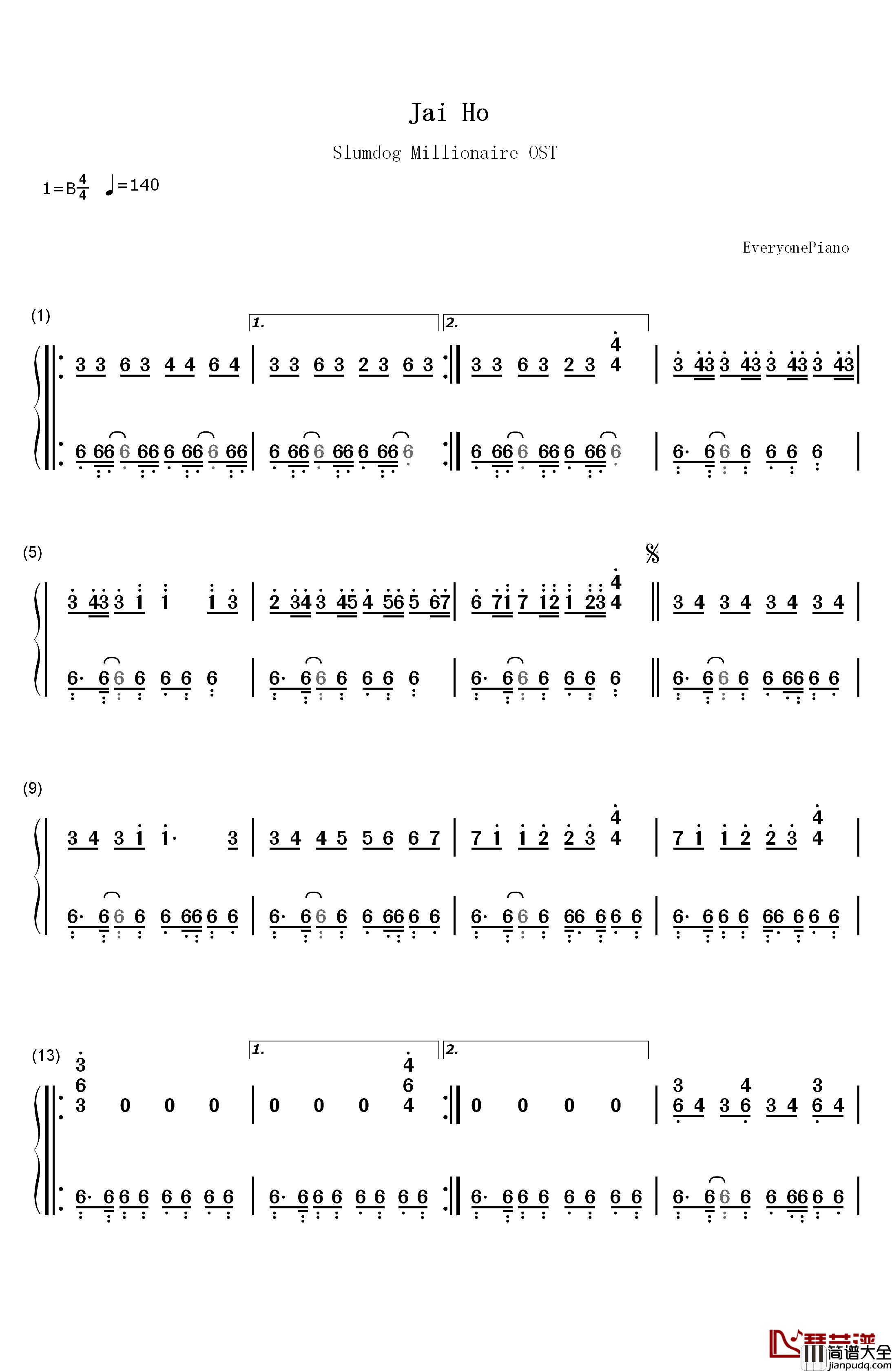 Jai_Ho钢琴简谱_数字双手_M.I.A
