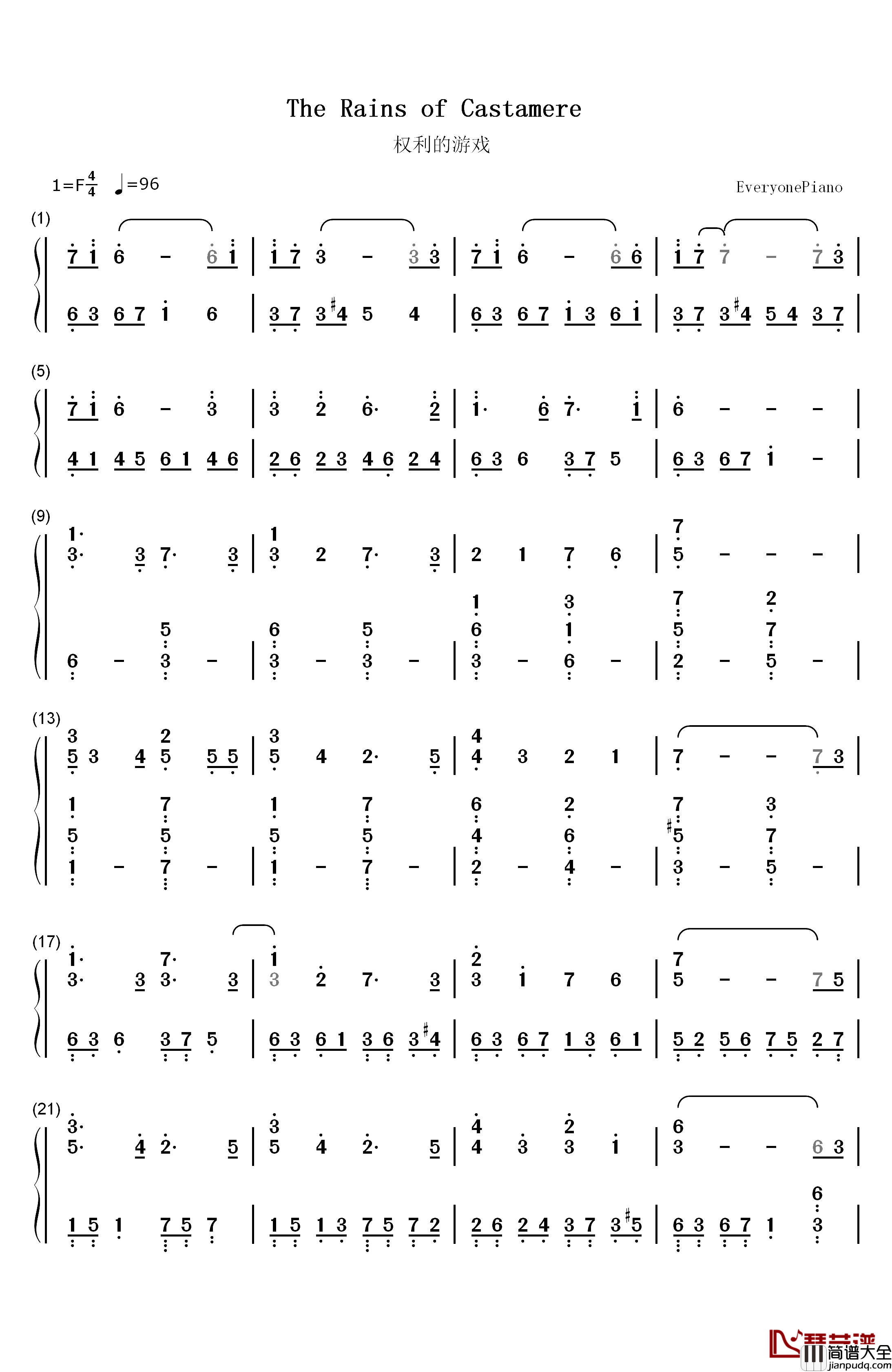 The_Rains_of_Castamere钢琴简谱_数字双手_Matt_Berninger_The_National