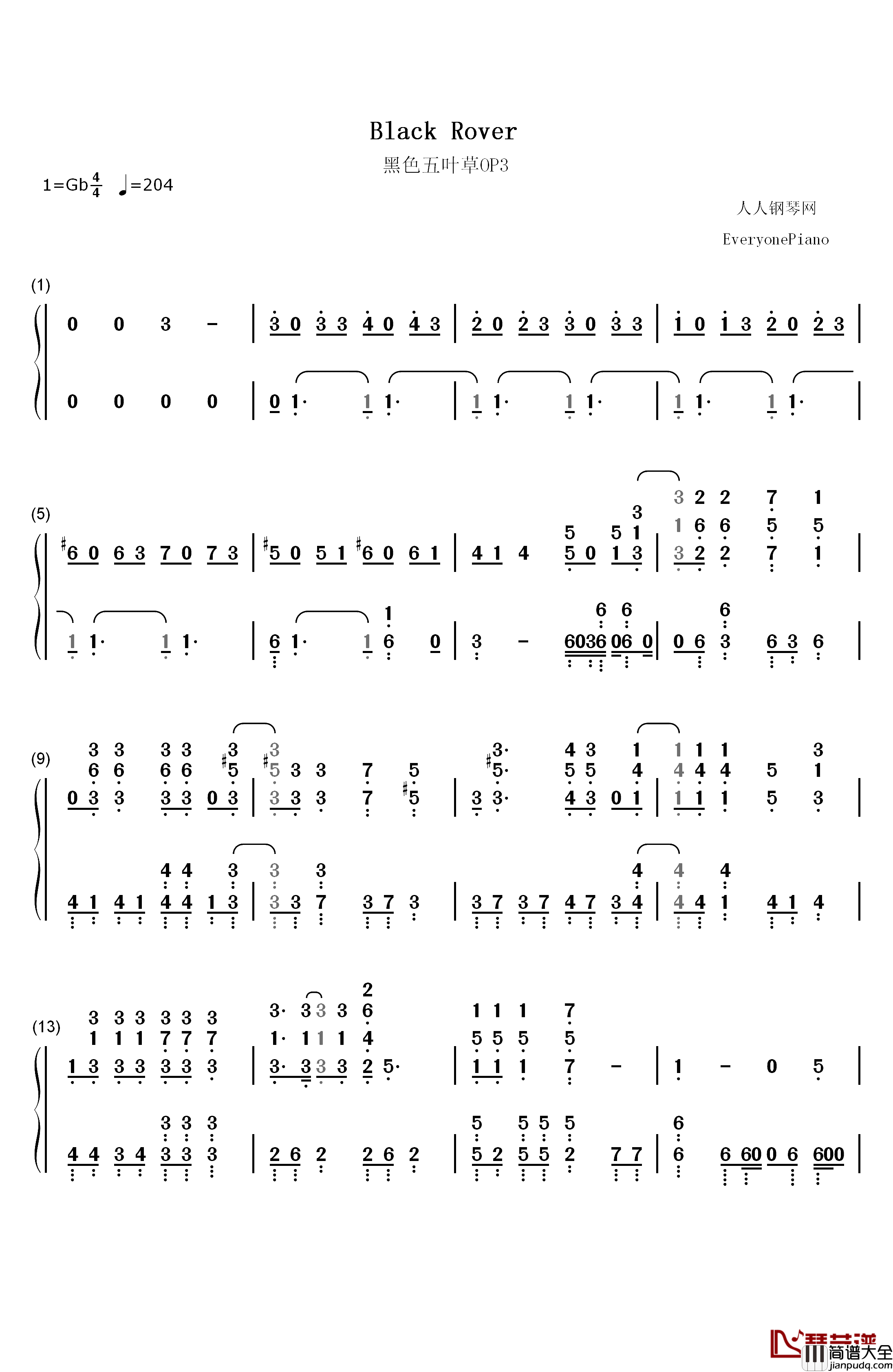 Black_Rover钢琴简谱_数字双手_Bickeblanka
