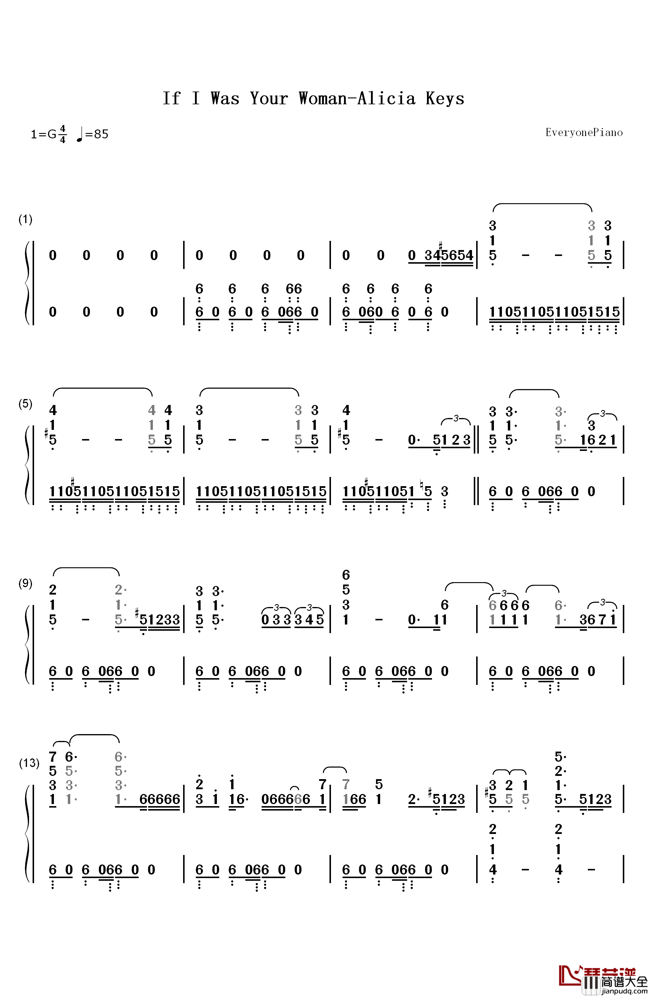 If_I_Was_Your_Woman/Walk_On_By钢琴简谱_数字双手_Alicia_Keys