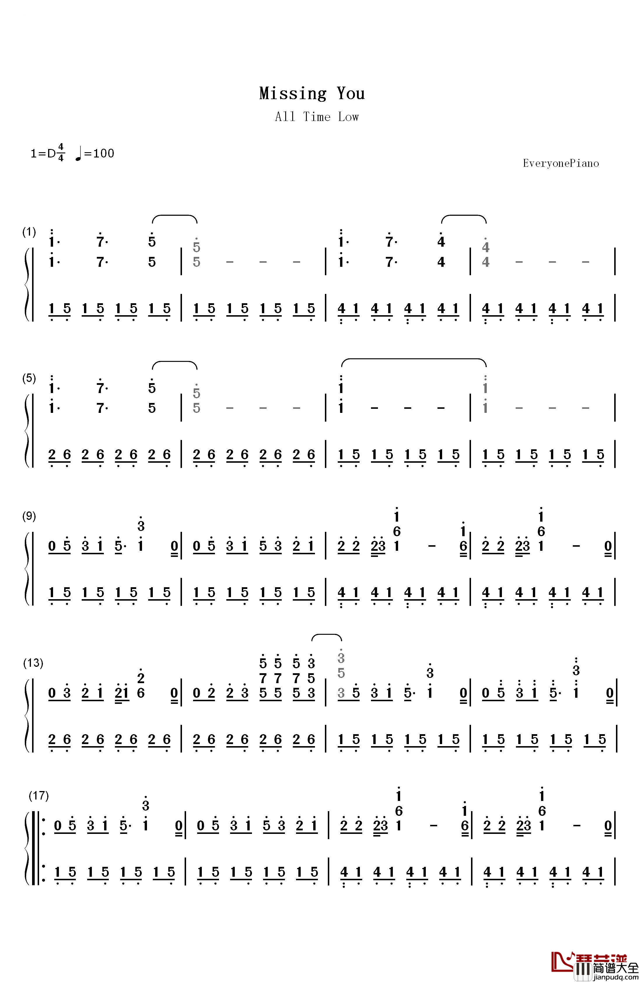 Missing_You钢琴简谱_数字双手_All_Time_Low