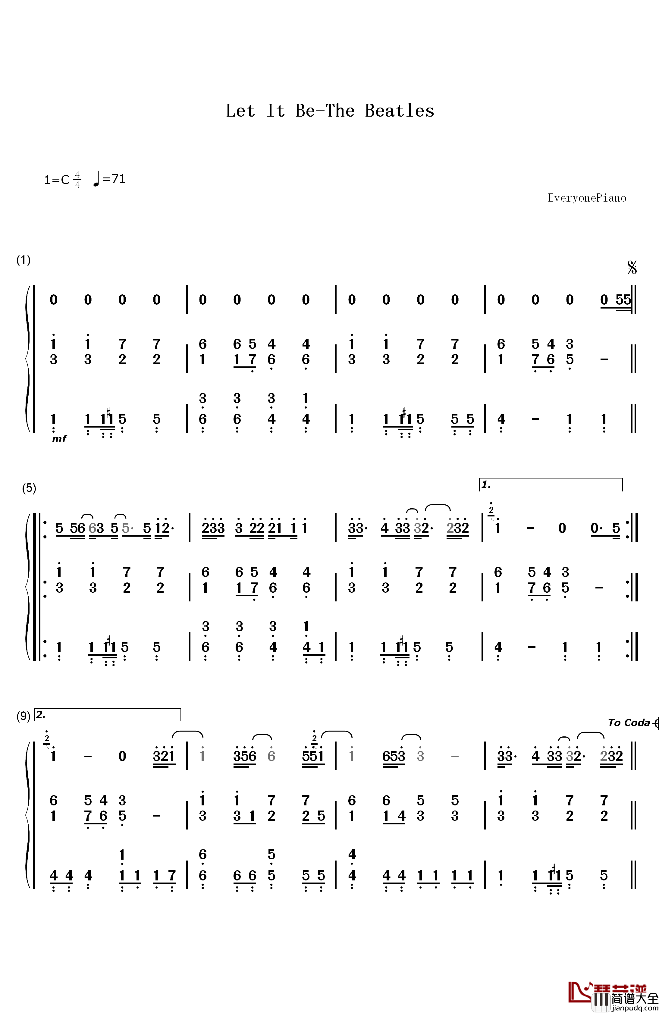 Let_It_Be钢琴简谱_数字双手_The_Beatles