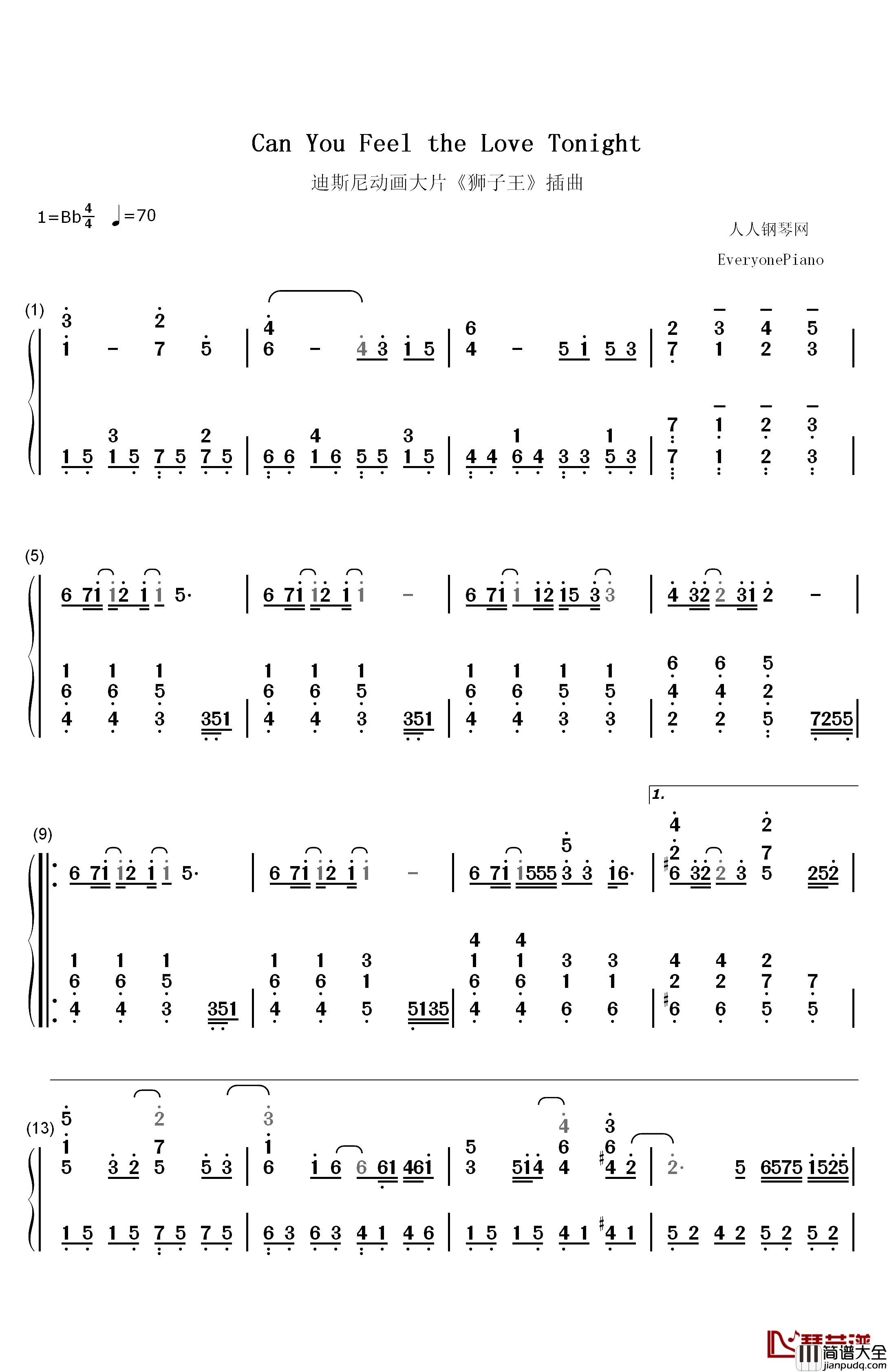 Can_You_Feel_the_Love_Tonight钢琴简谱_数字双手_Elton_John