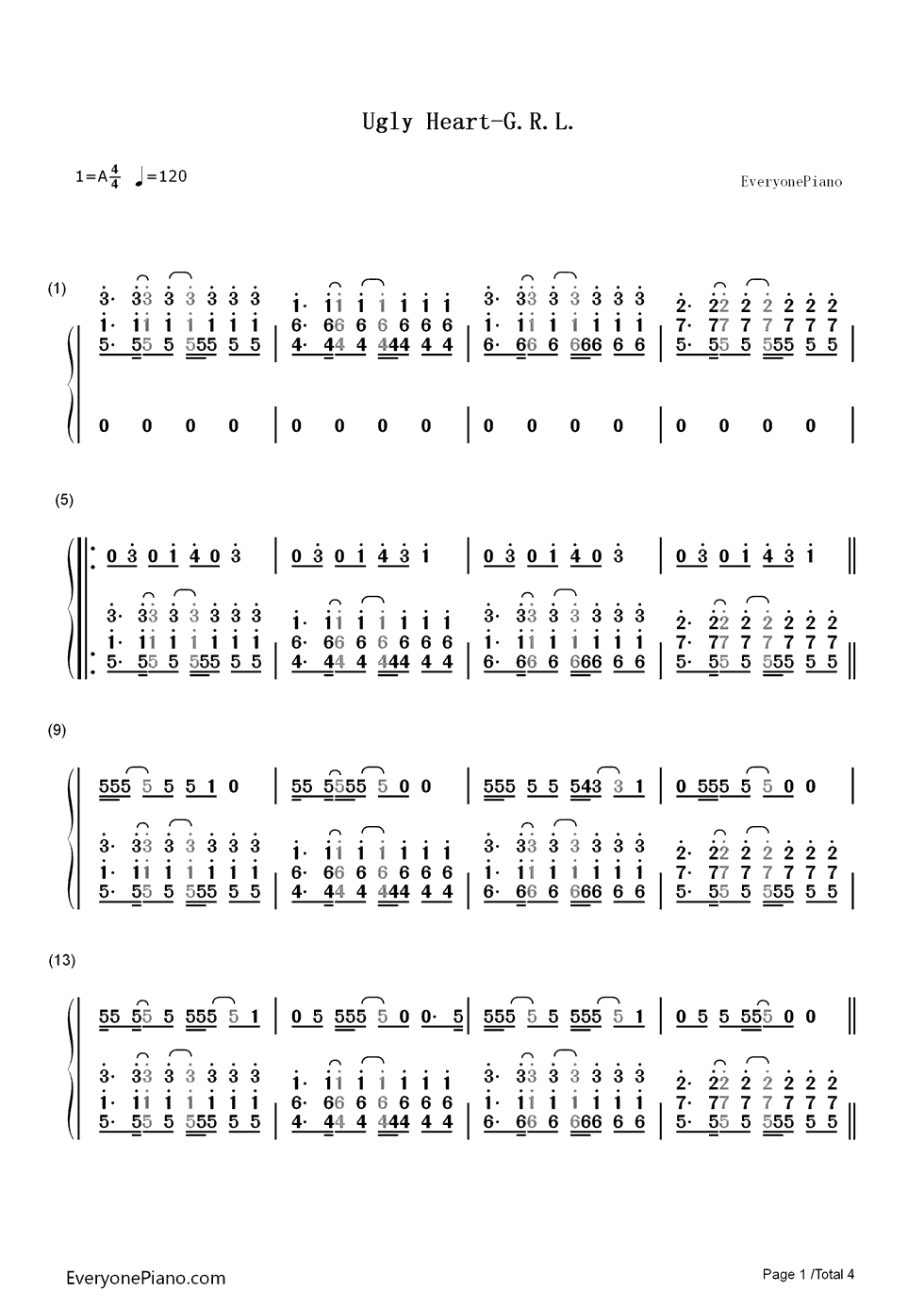 Ugly_Heart钢琴简谱_数字双手_G.R.L.