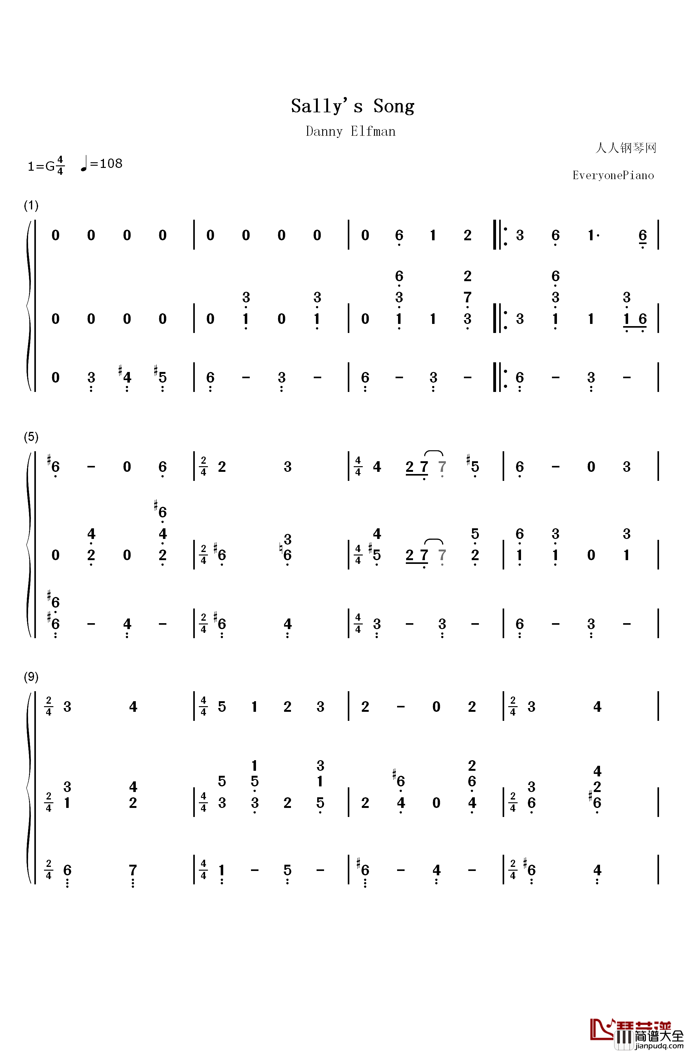 Sally's_Song钢琴简谱_数字双手_Danny_Elfman