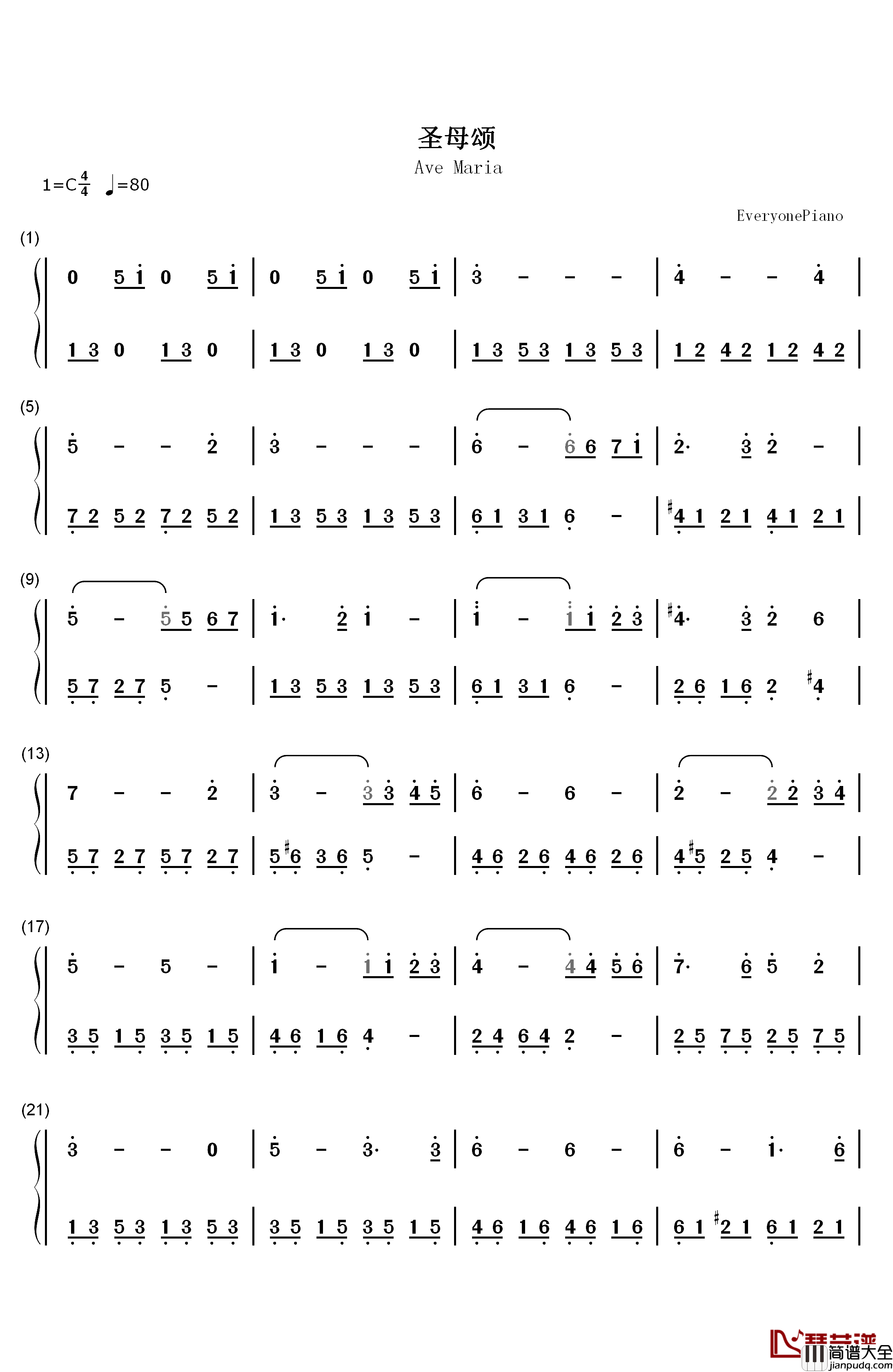 圣母颂钢琴简谱_数字双手_巴赫_古诺