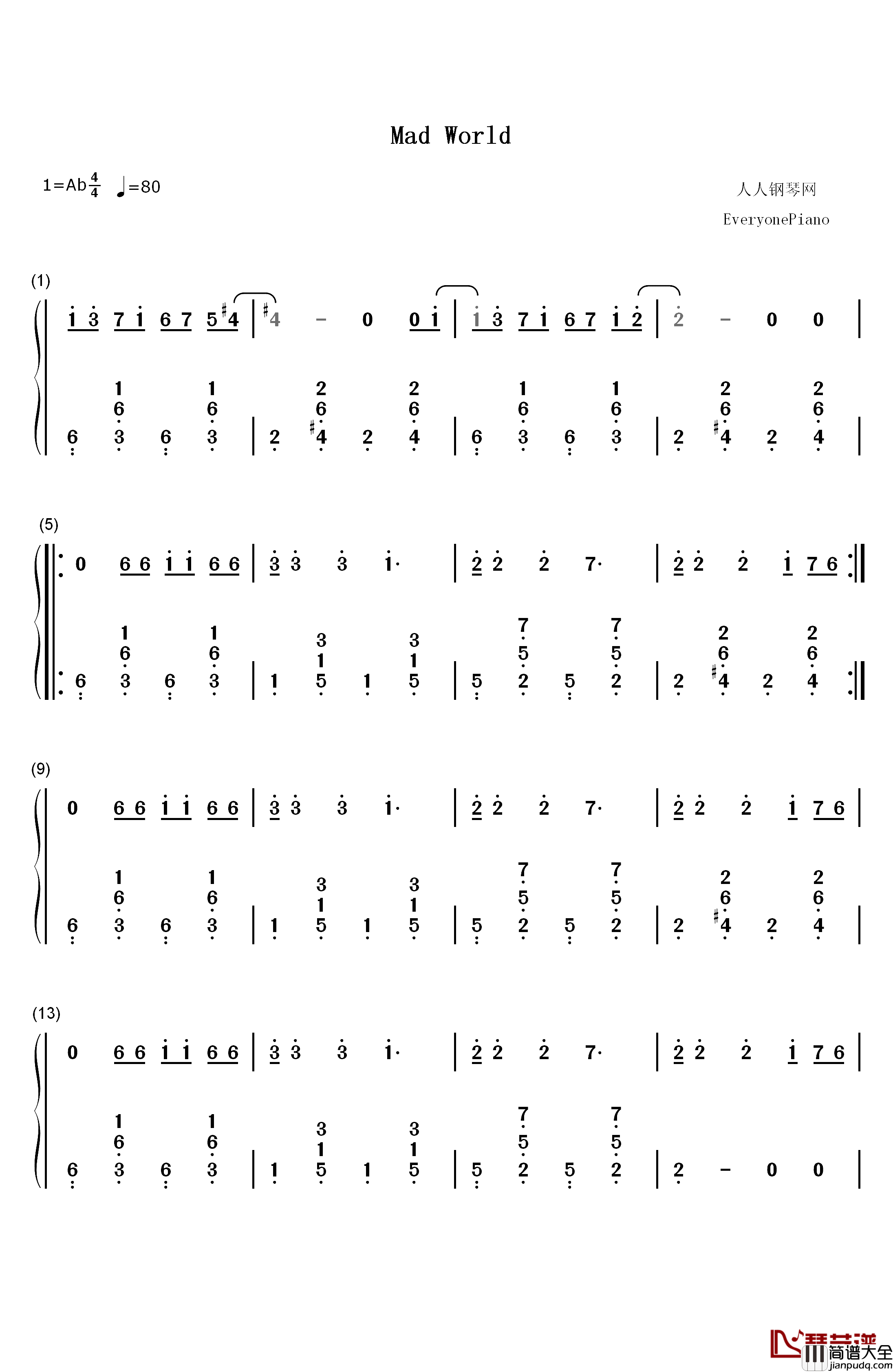 Mad_World-电影_死亡幻觉_主题曲钢琴简谱_数字双手_Tears_For_Fears