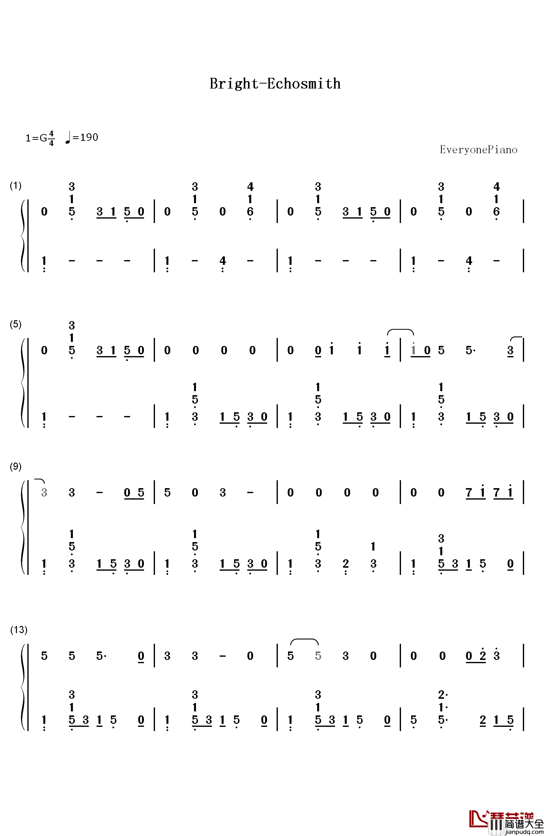 Bright钢琴简谱_数字双手_Echosmith