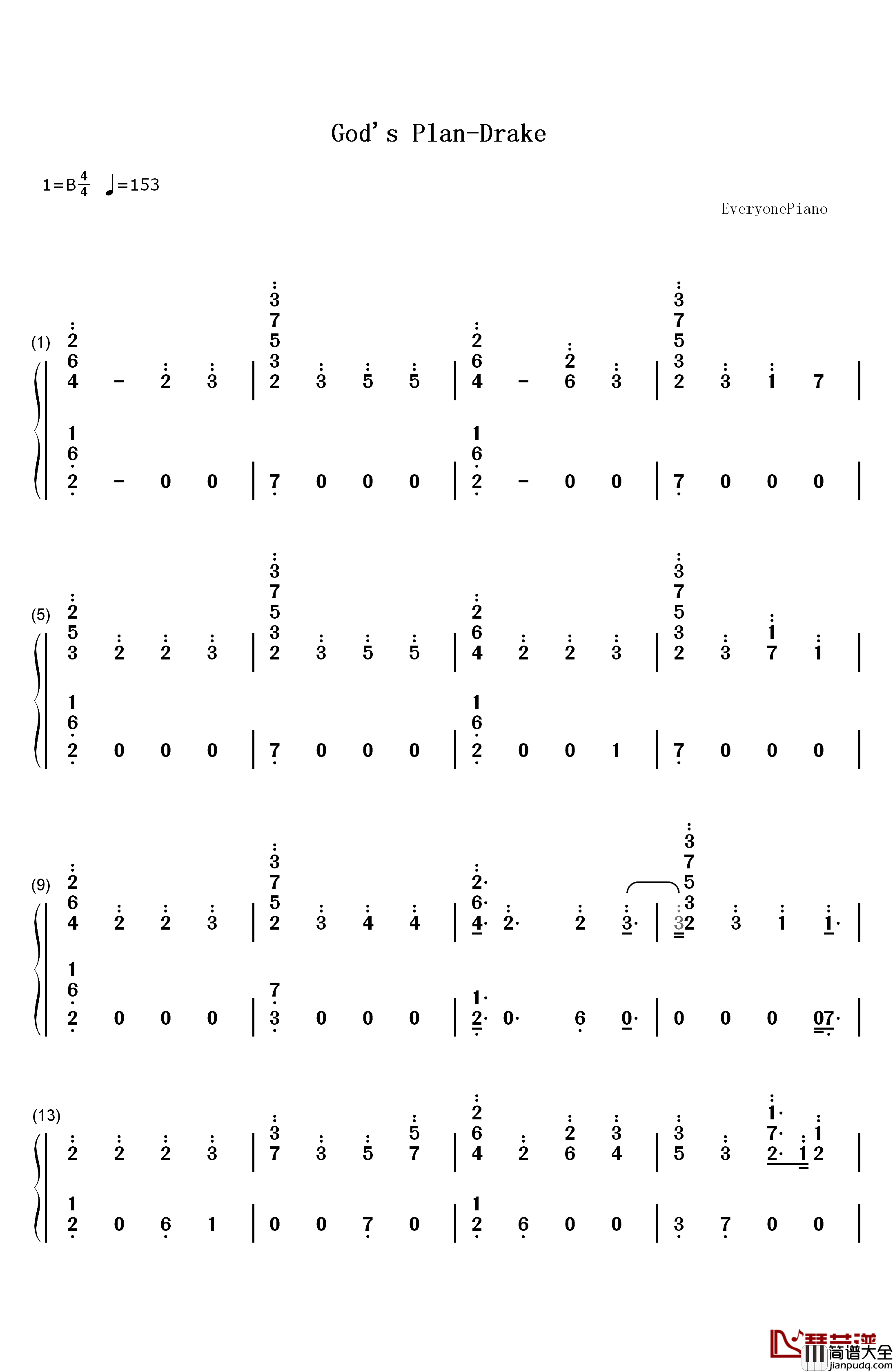 God's_Plan钢琴简谱_数字双手_Drake