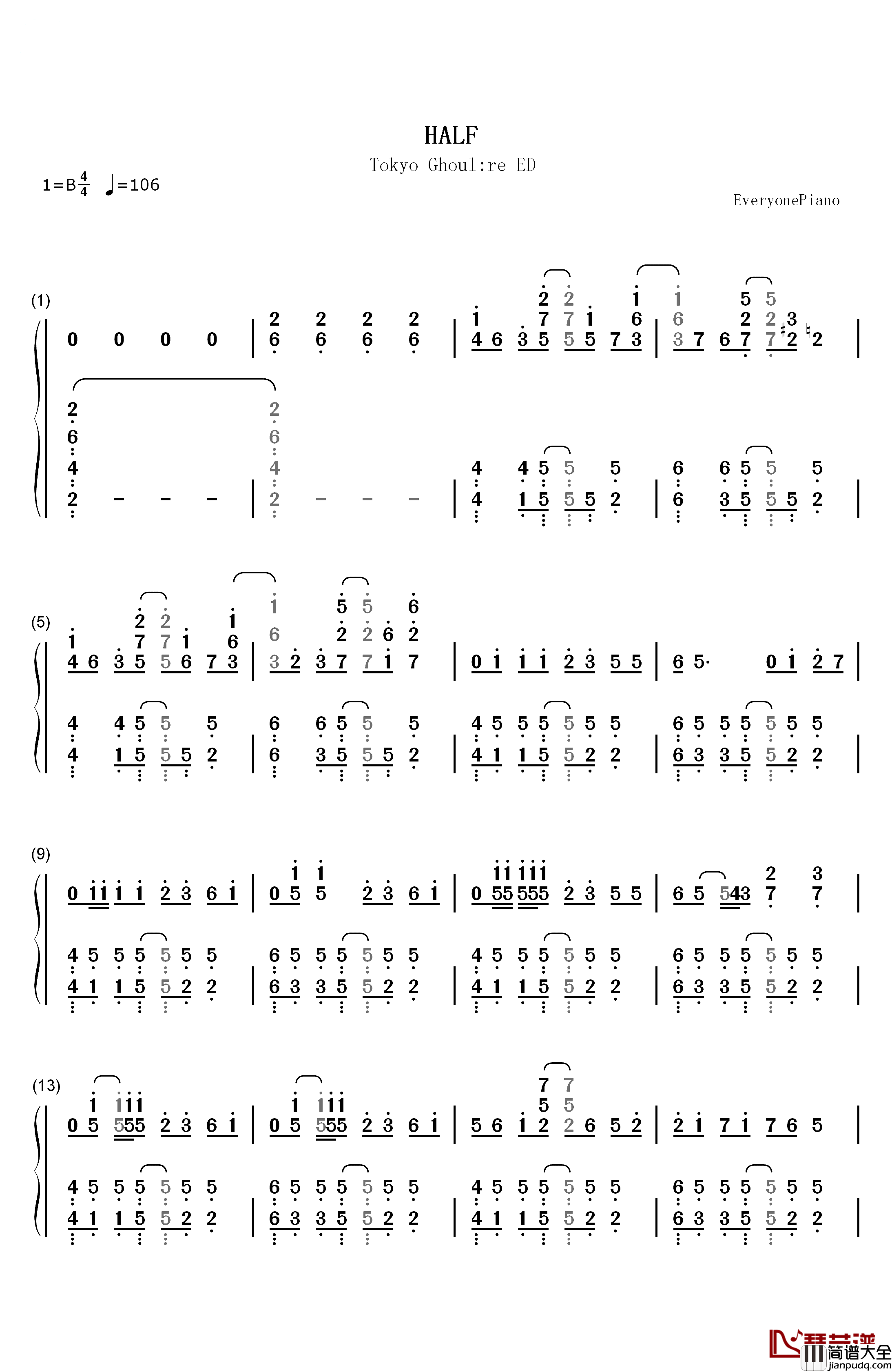 HALF钢琴简谱_数字双手_女王蜂