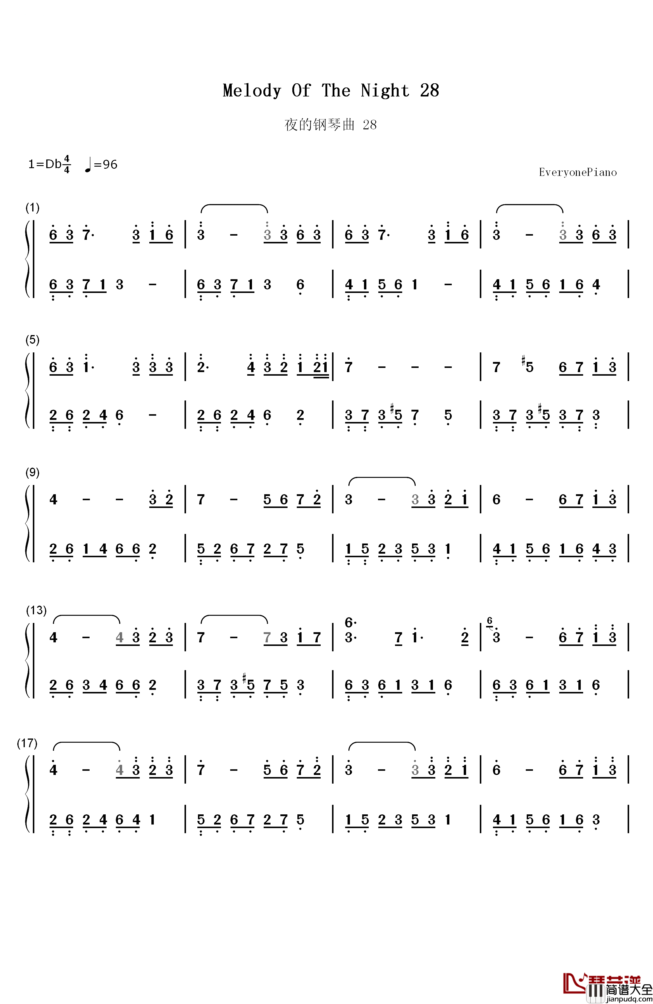 夜的钢琴曲_28钢琴简谱_数字双手_石进