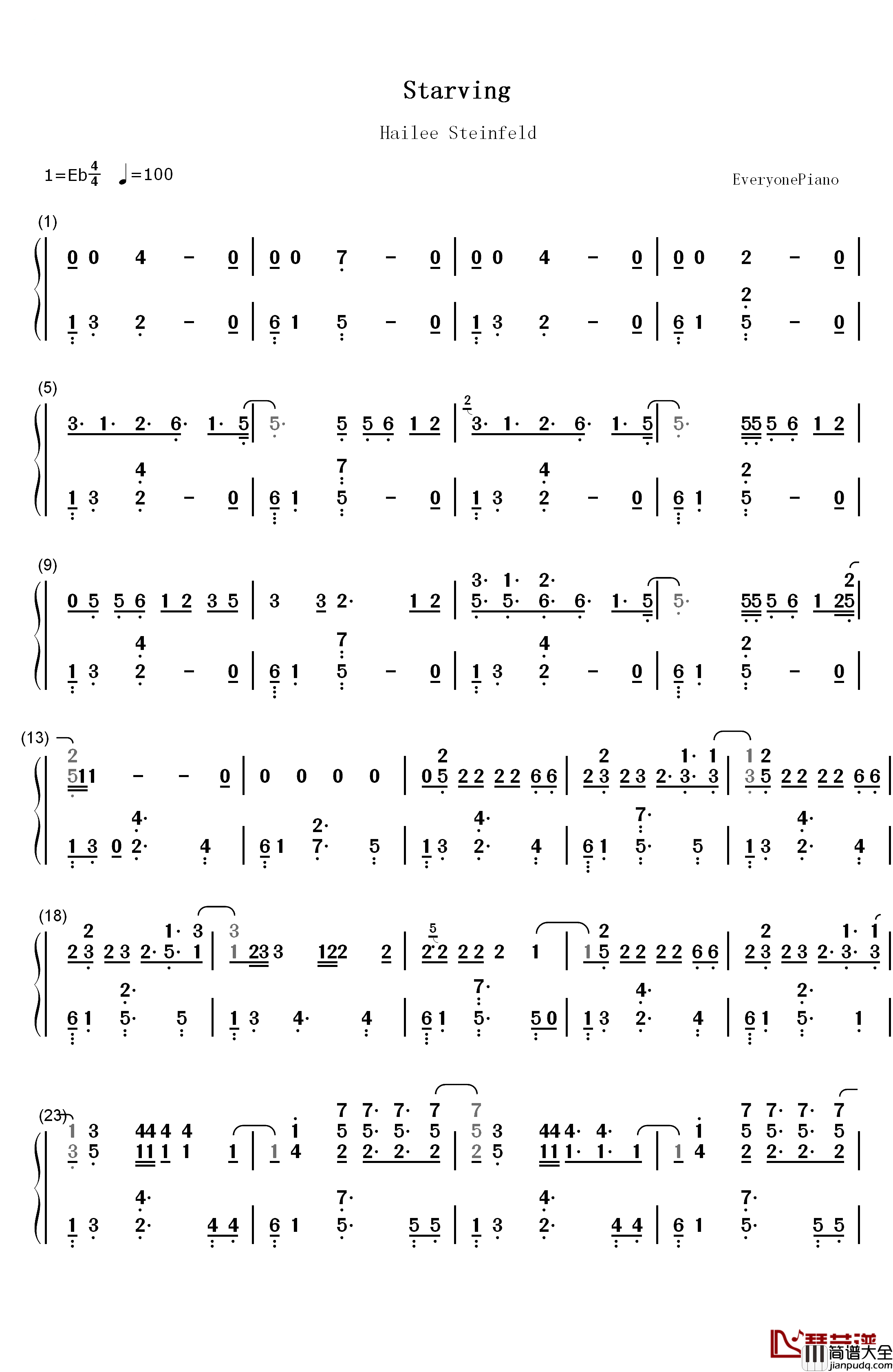 Starving钢琴简谱_数字双手_Hailee_Steinfeld