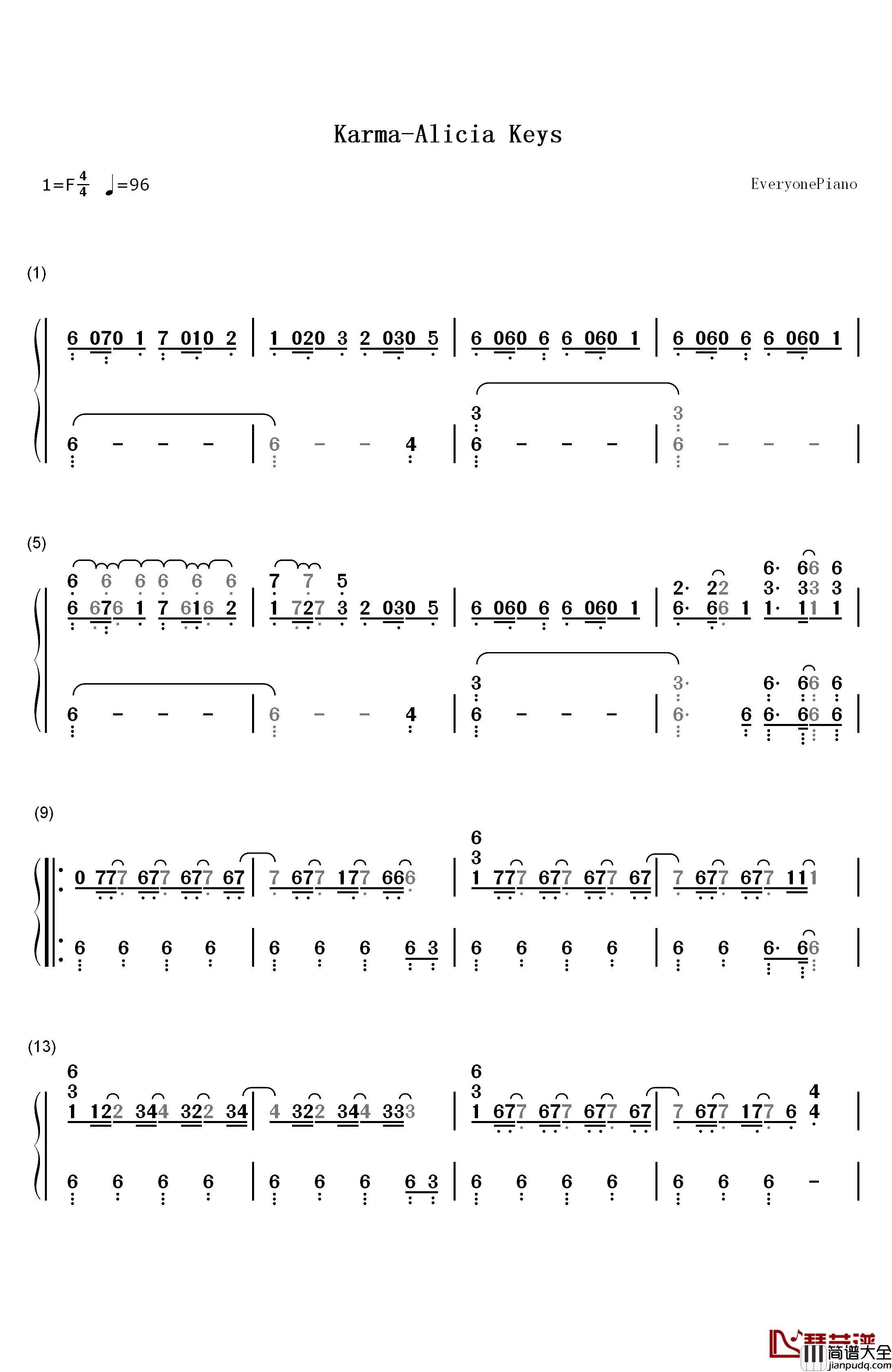 Karma钢琴简谱_数字双手_Alicia_Keys