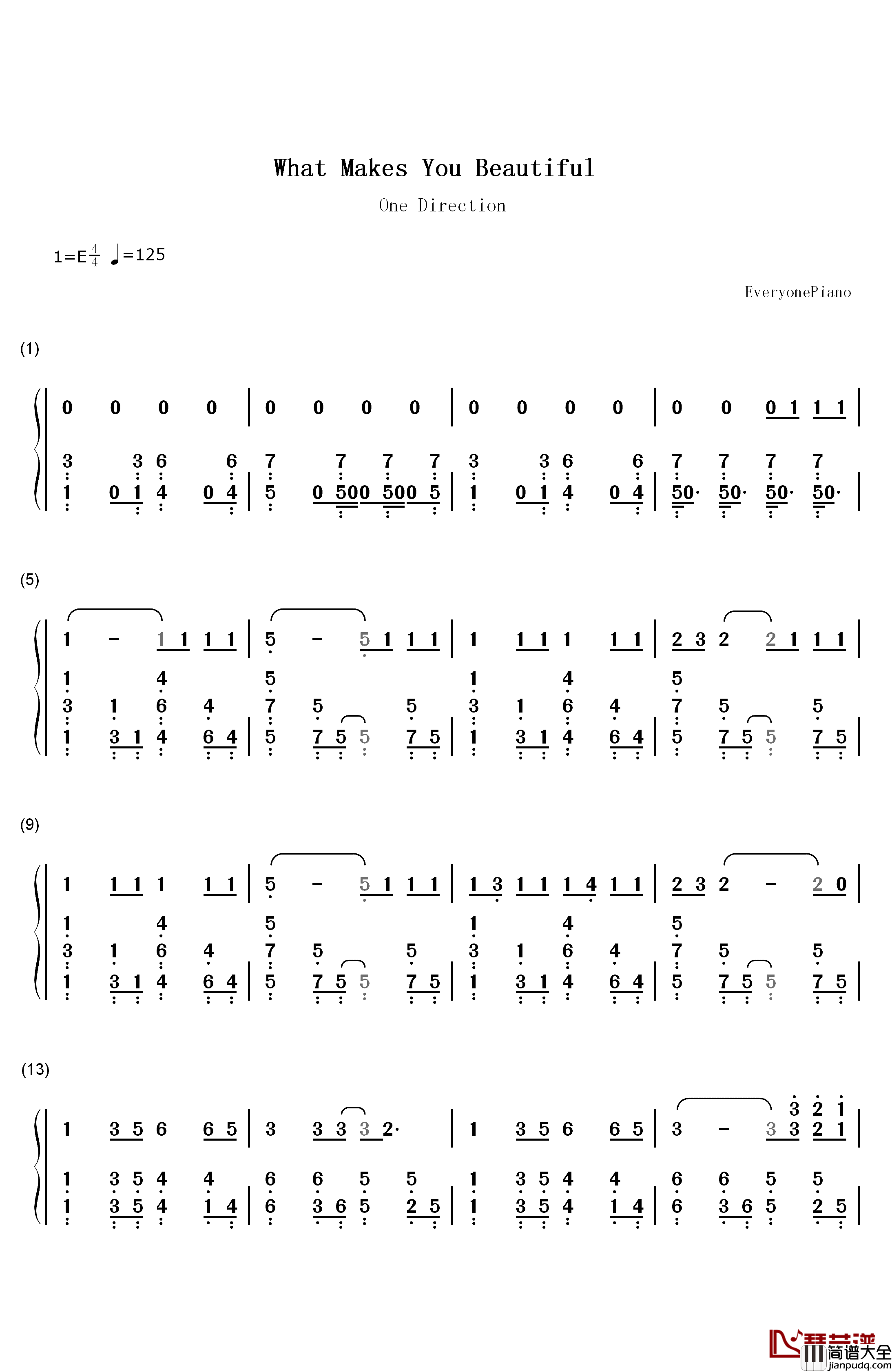 What_Makes_You_Beautiful钢琴简谱_数字双手_One_Direction
