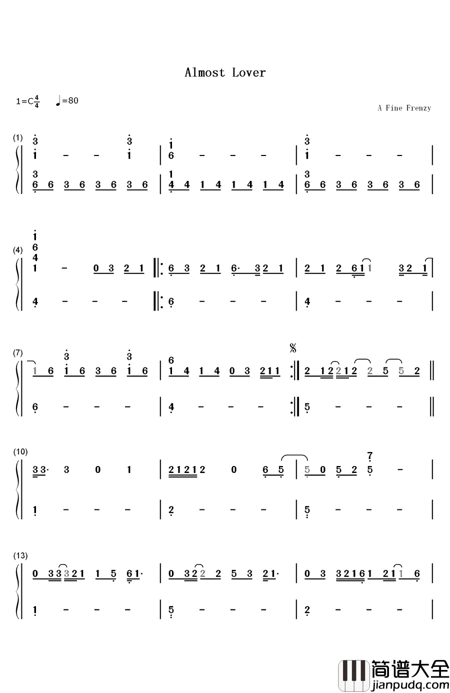 Almost_Lover钢琴简谱_数字双手_A_Fine_Frenzy