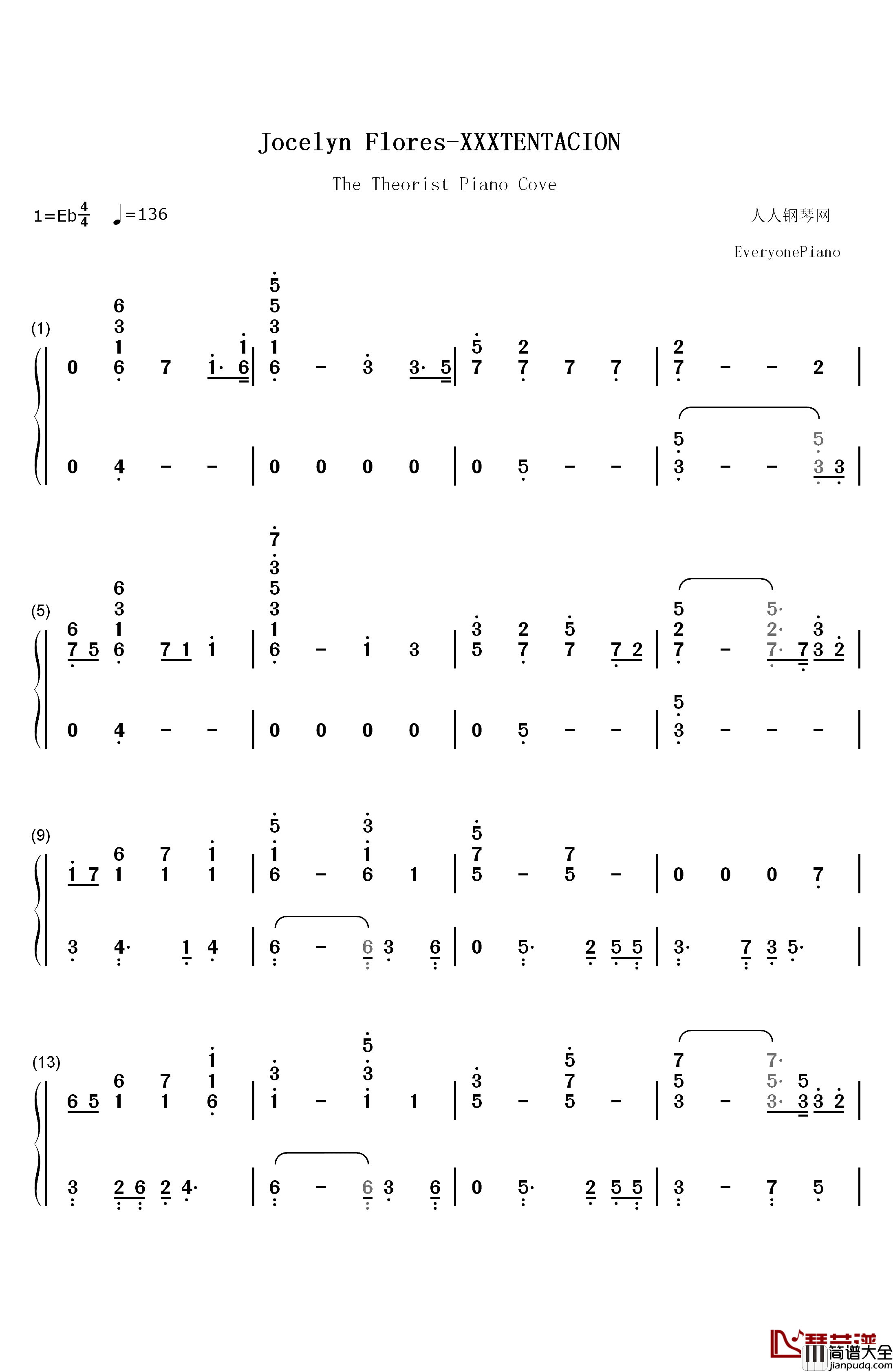 Jocelyn_Flores钢琴简谱_数字双手_XXXTentacion