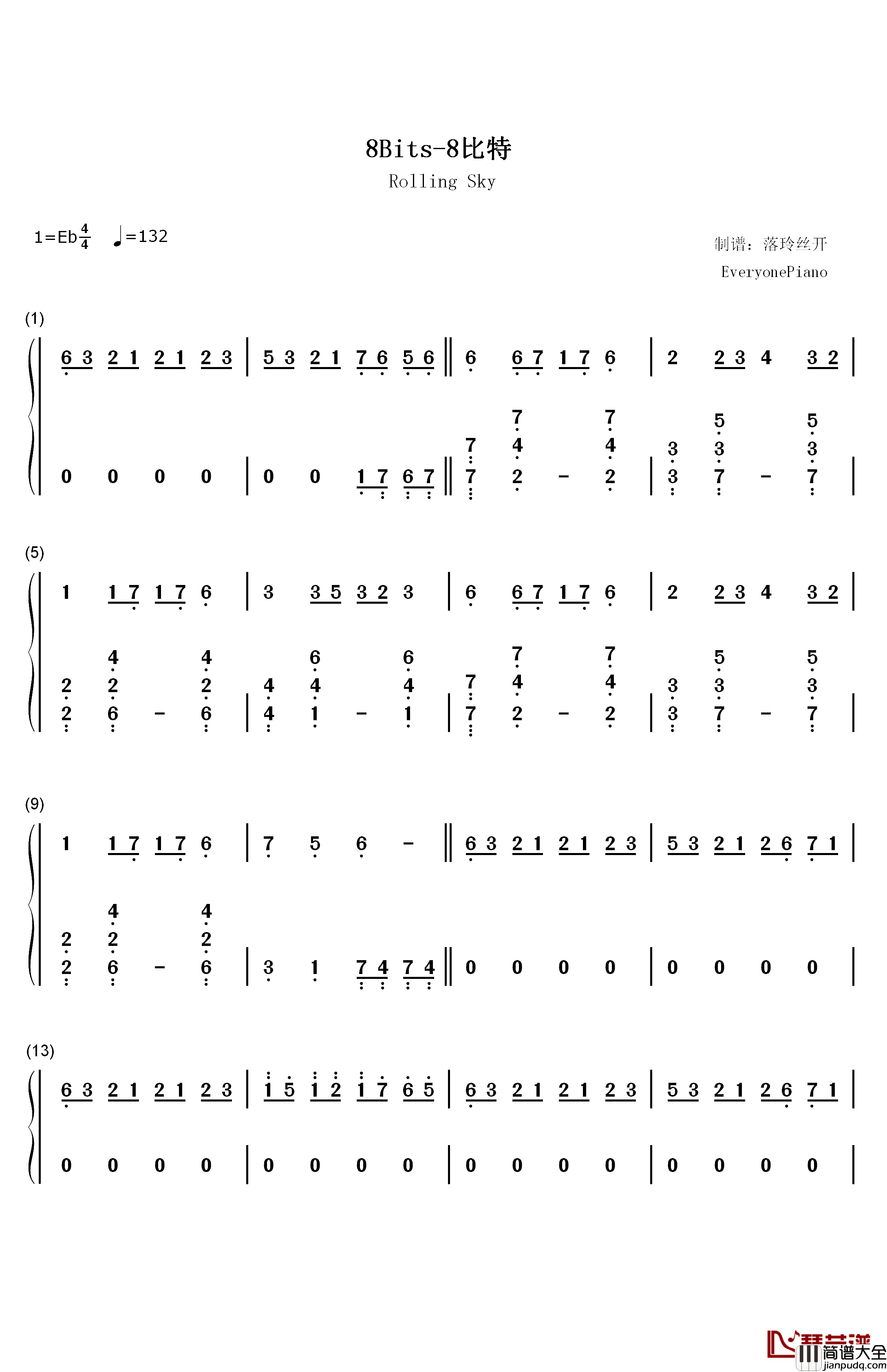 8比特钢琴简谱_数字双手_F_777