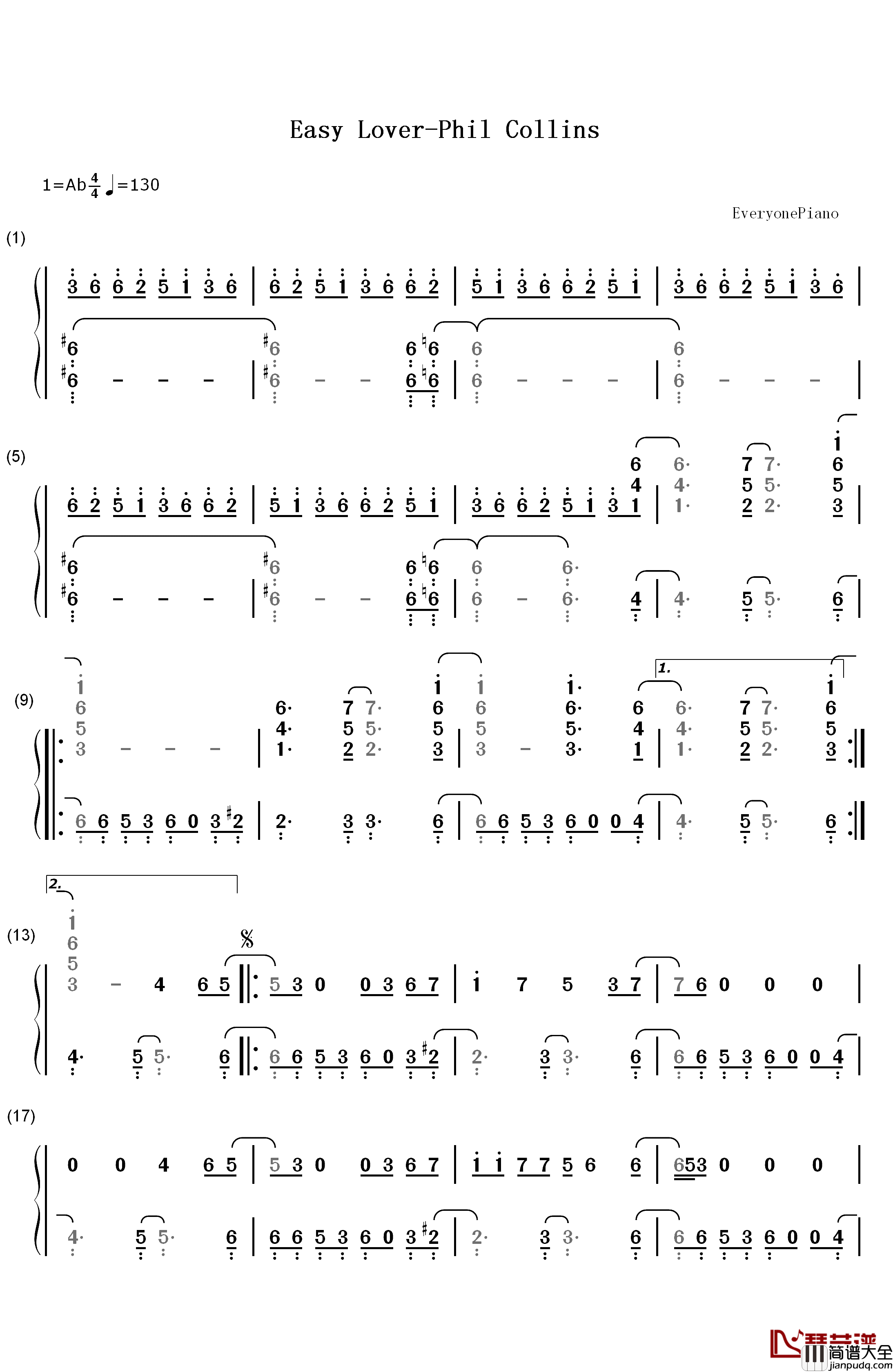 Easy_Lover钢琴简谱_数字双手_Philip_Bailey_&_Phil_Collins