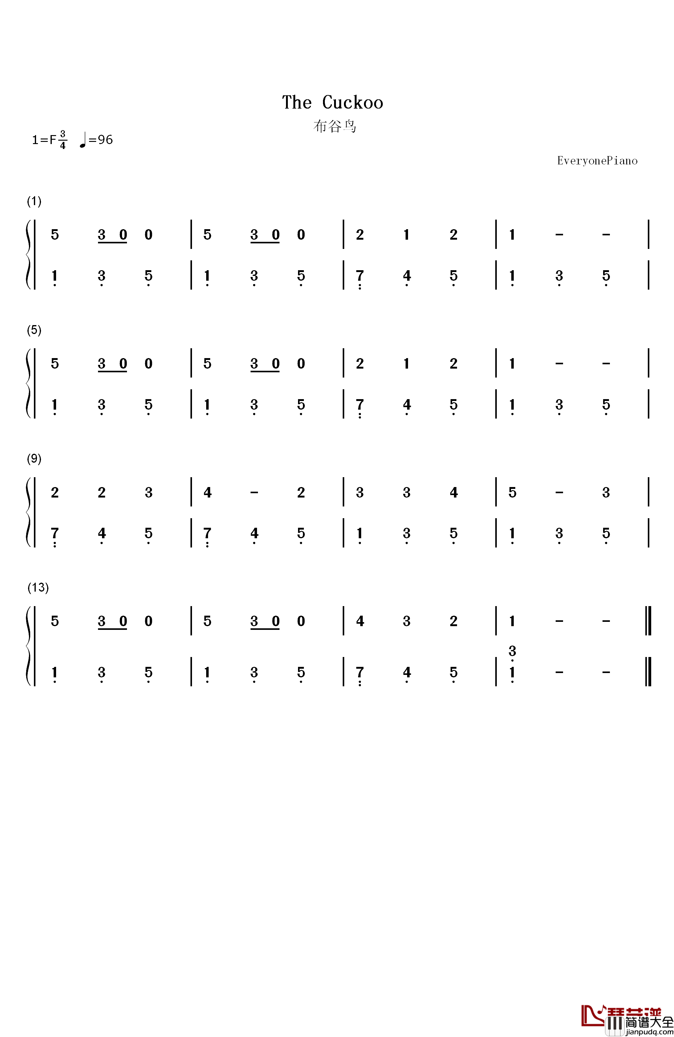 布谷鸟钢琴简谱_数字双手_未知