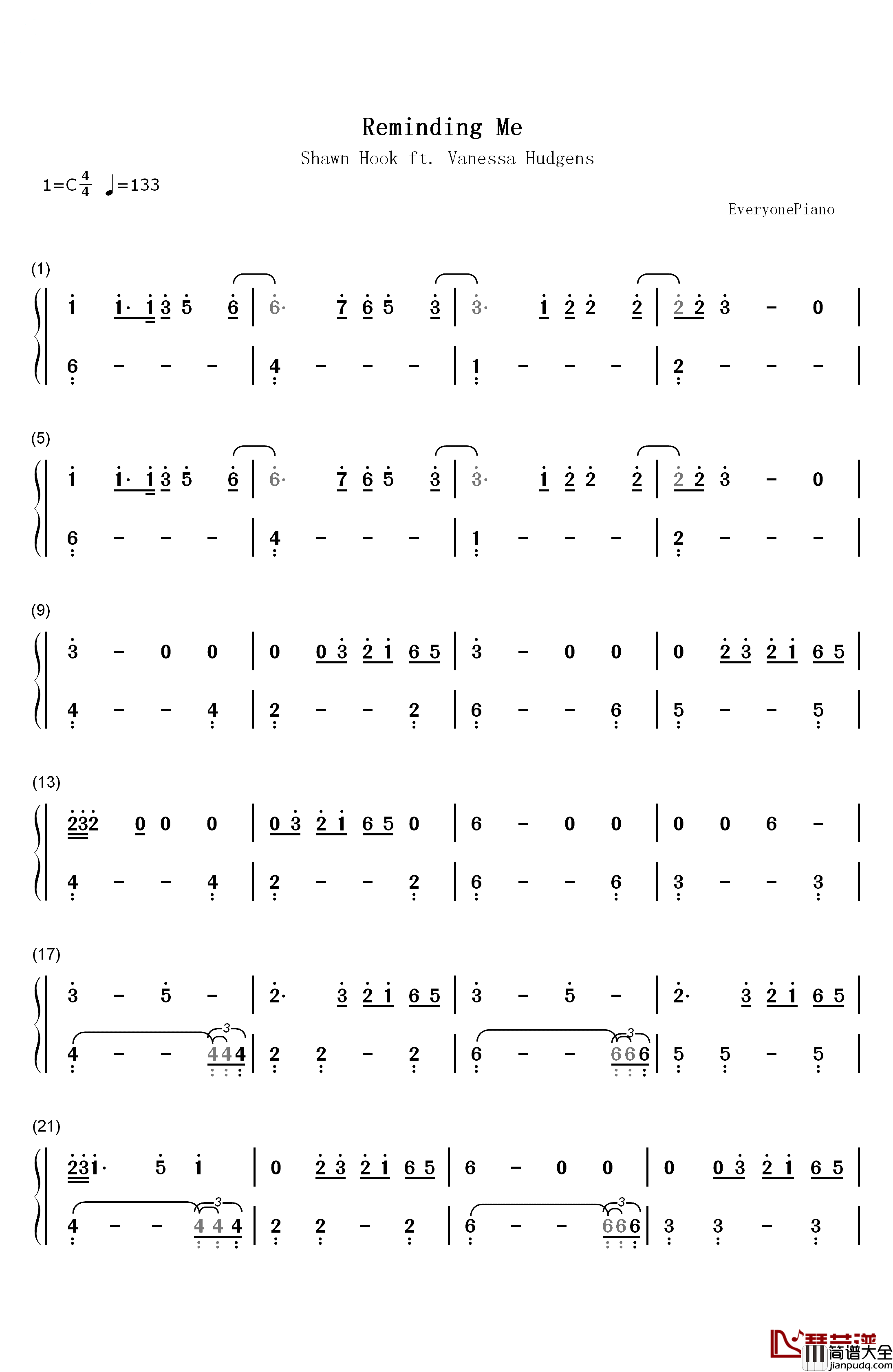 Reminding_Me钢琴简谱_数字双手_Shawn_Hook_Vanessa_Hudgens