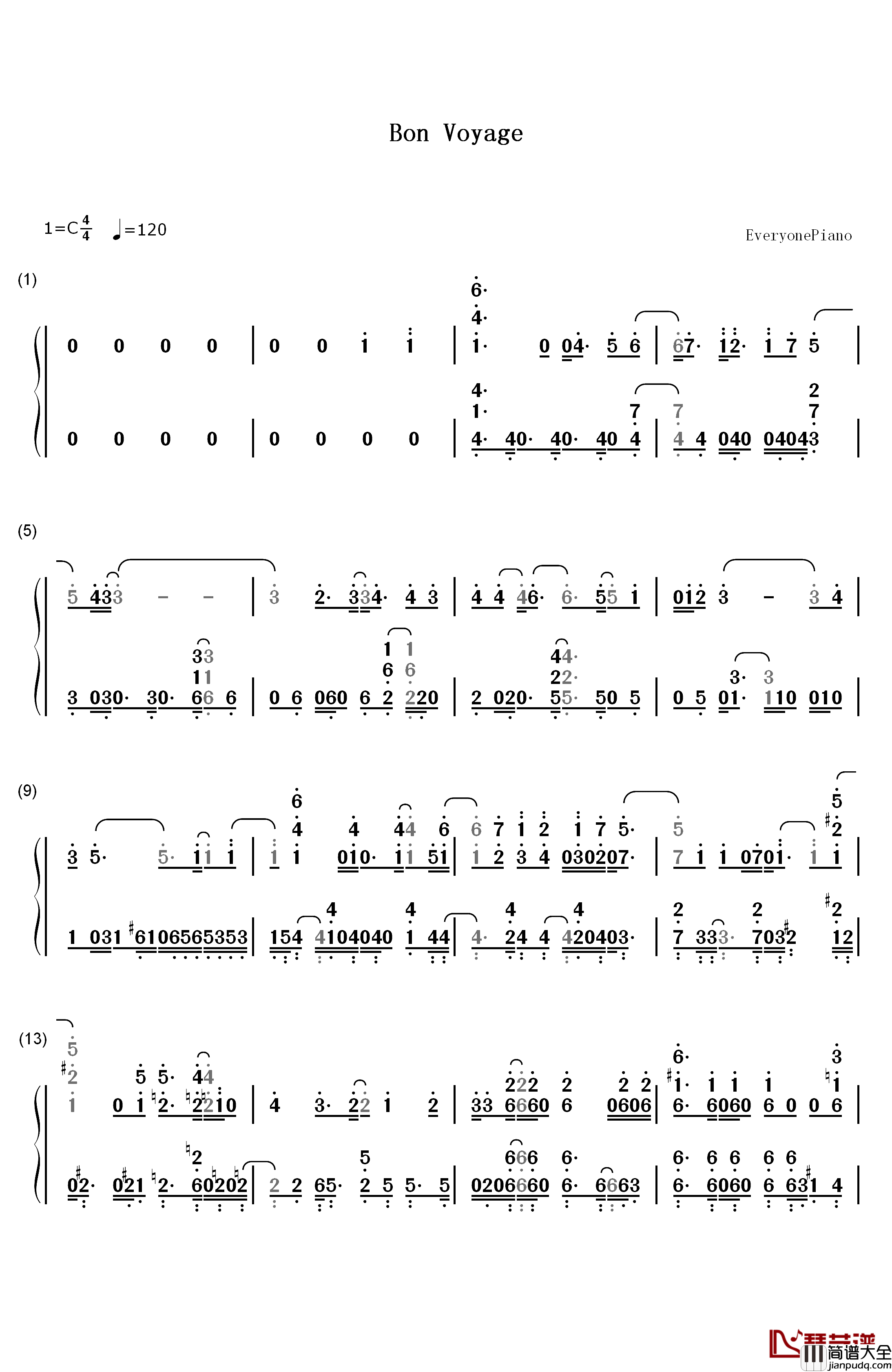 Bon_Voyage钢琴简谱_数字双手_Bon_Bon_Blanco