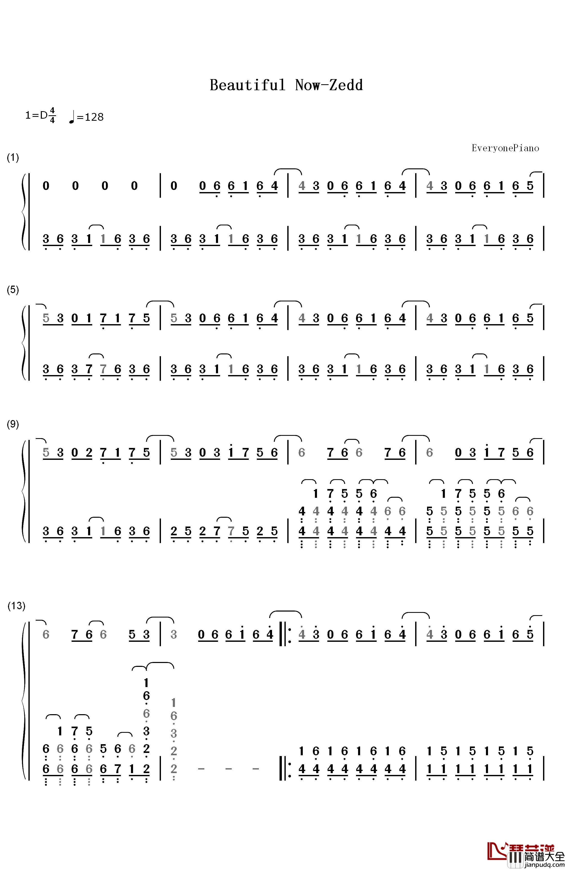 Beautiful_Now钢琴简谱_数字双手_Zedd