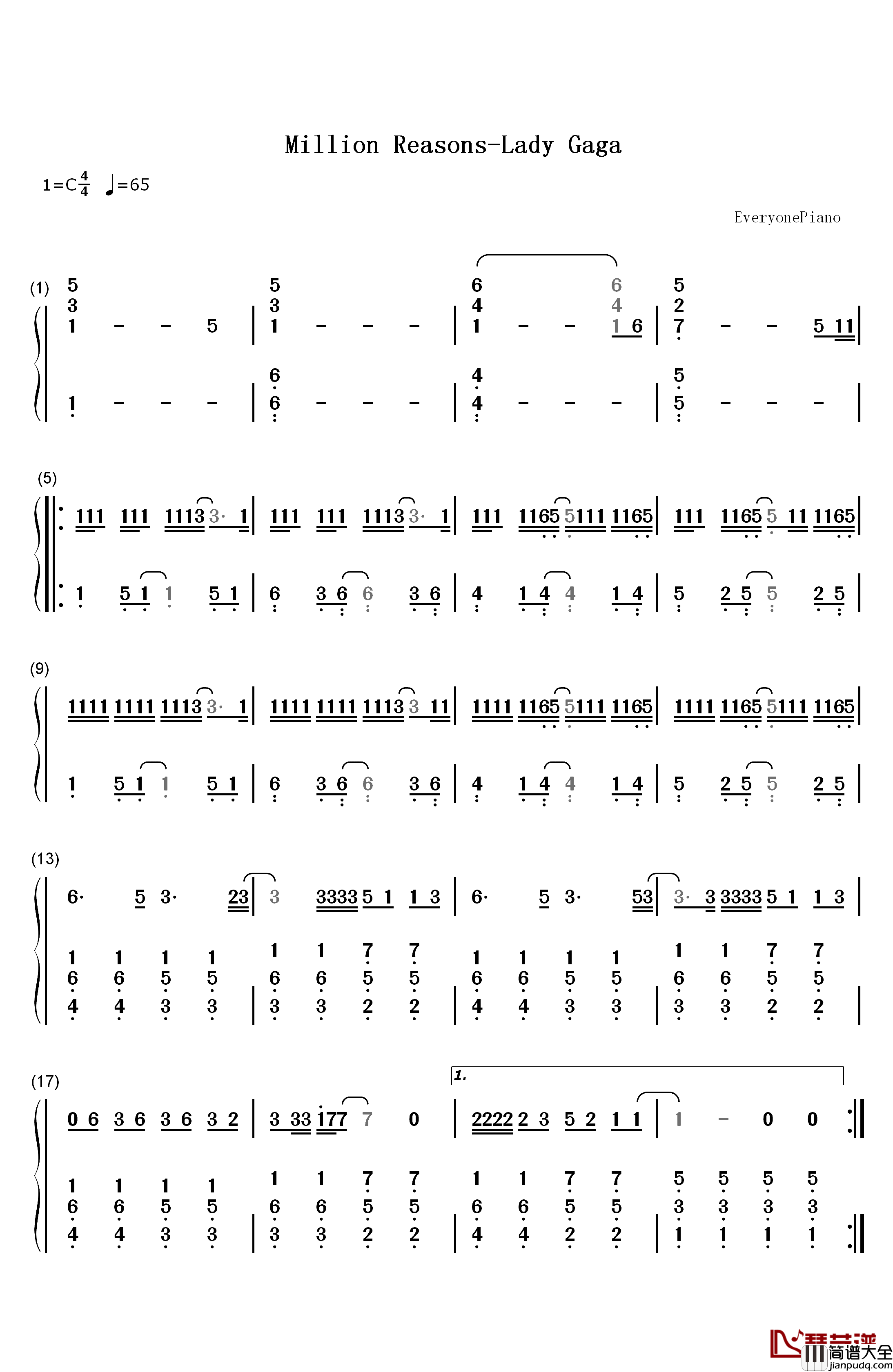 Million_Reasons钢琴简谱_数字双手_Lady_Gaga