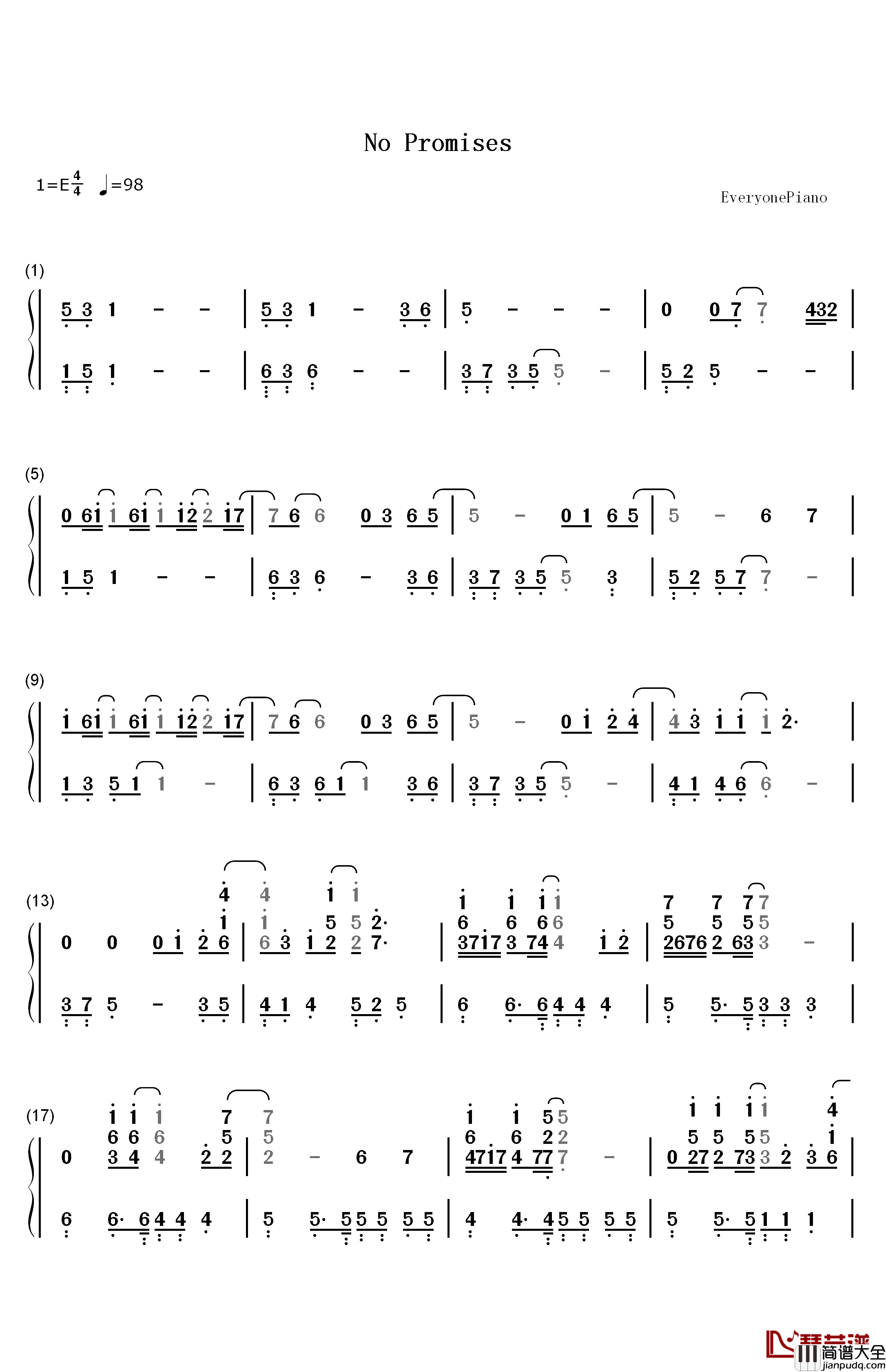 No_Promises钢琴简谱_数字双手_Shayne_Ward__Bryan_Rice