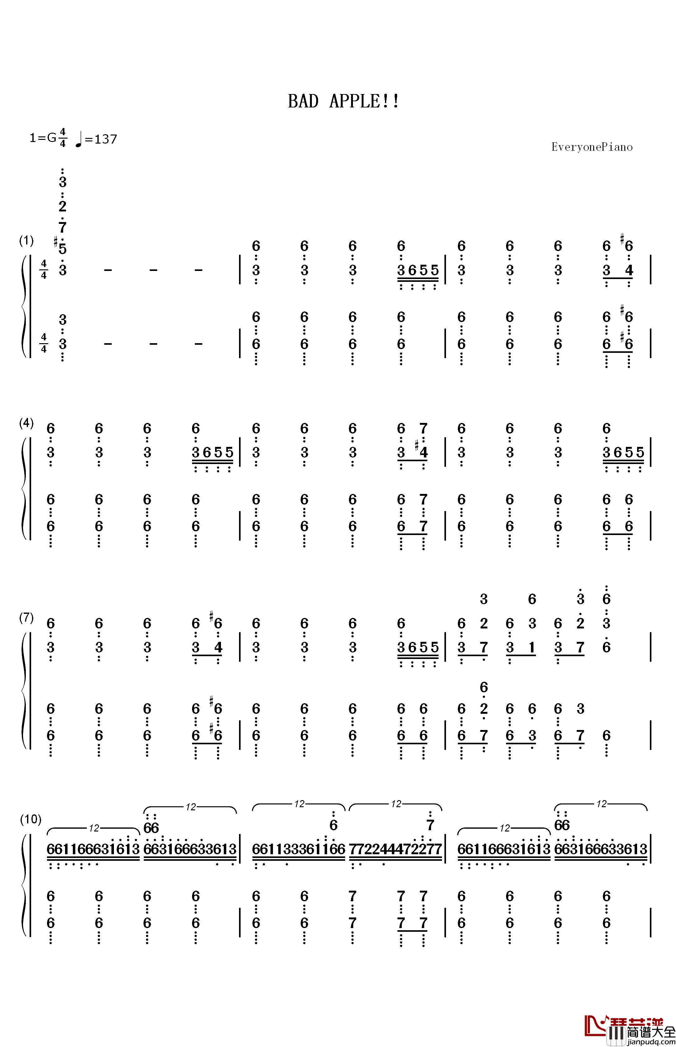 Bad_apple!!钢琴简谱_数字双手_东方project