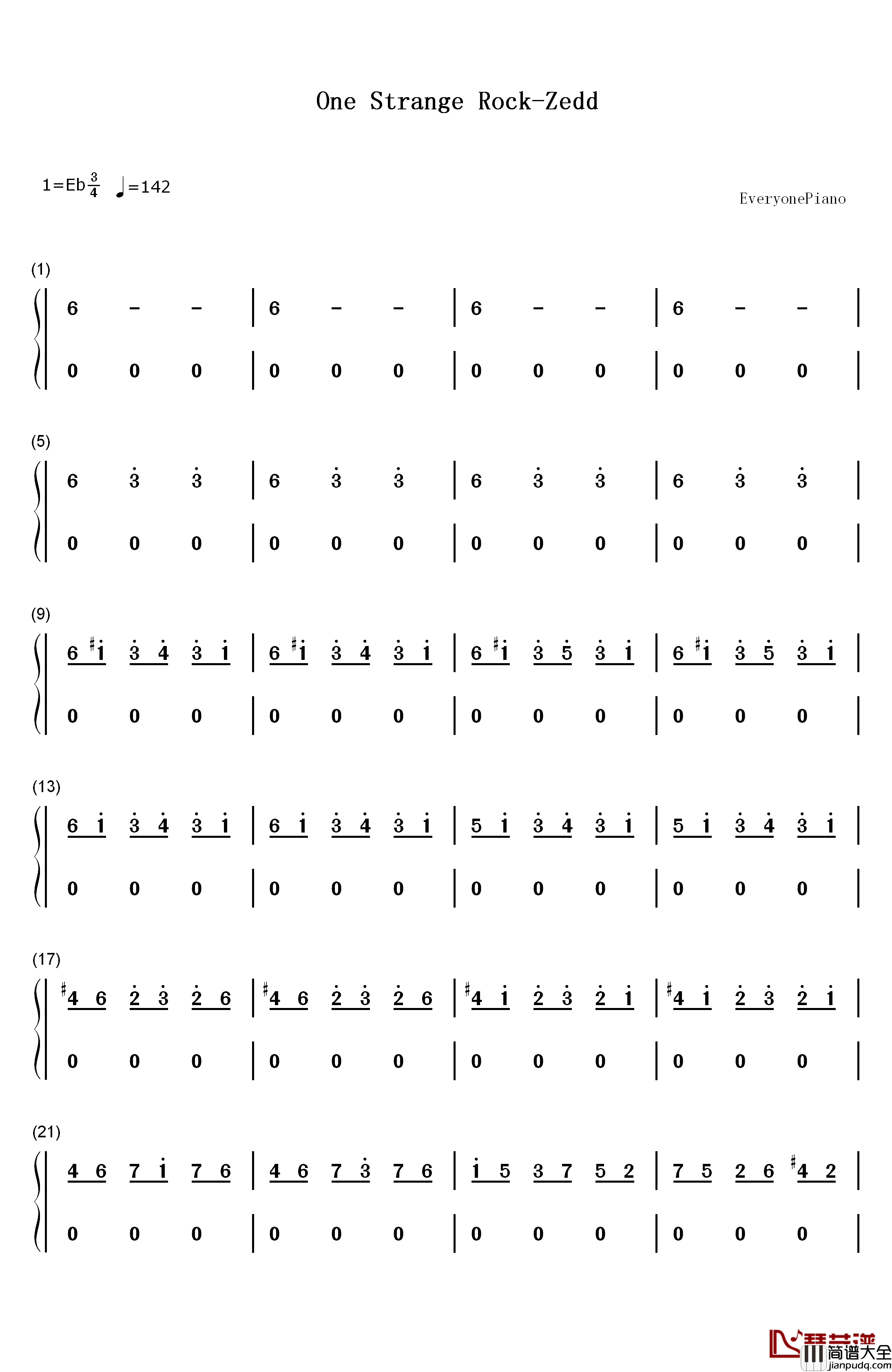 One_Strange_Rock钢琴简谱_数字双手_Zedd