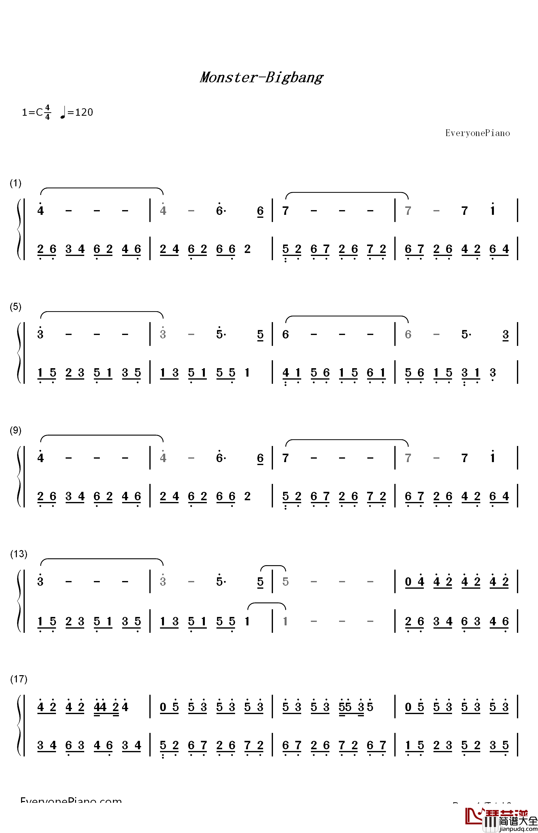 Monster钢琴简谱_数字双手_BigBang__Big_Bang