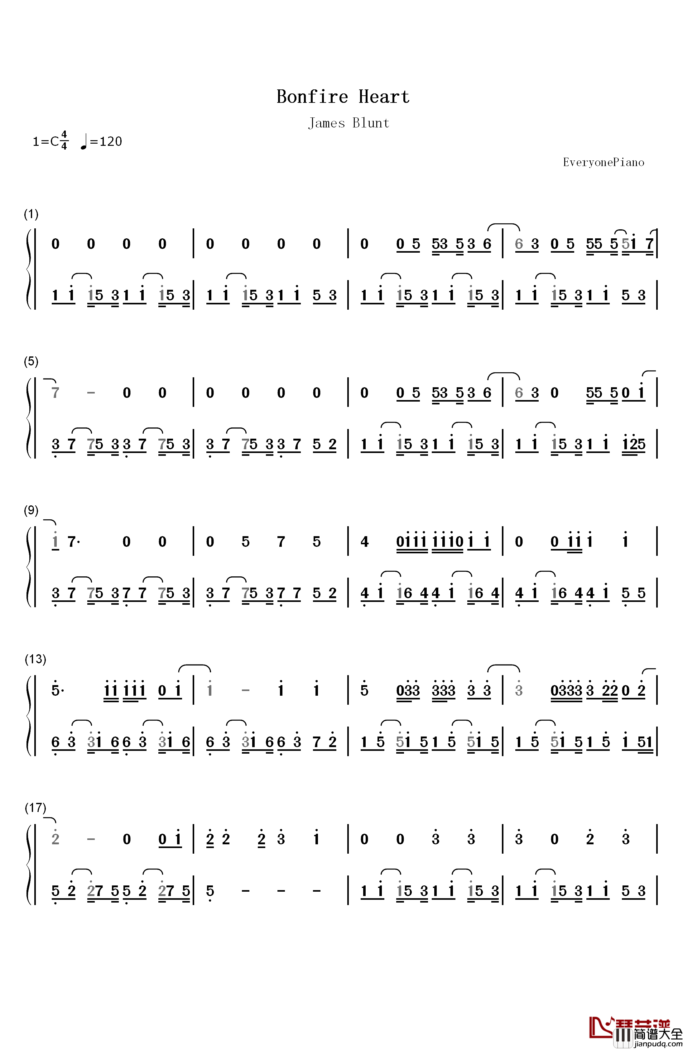Bonfire_Heart钢琴简谱_数字双手_James_Blunt_詹姆斯·布朗特