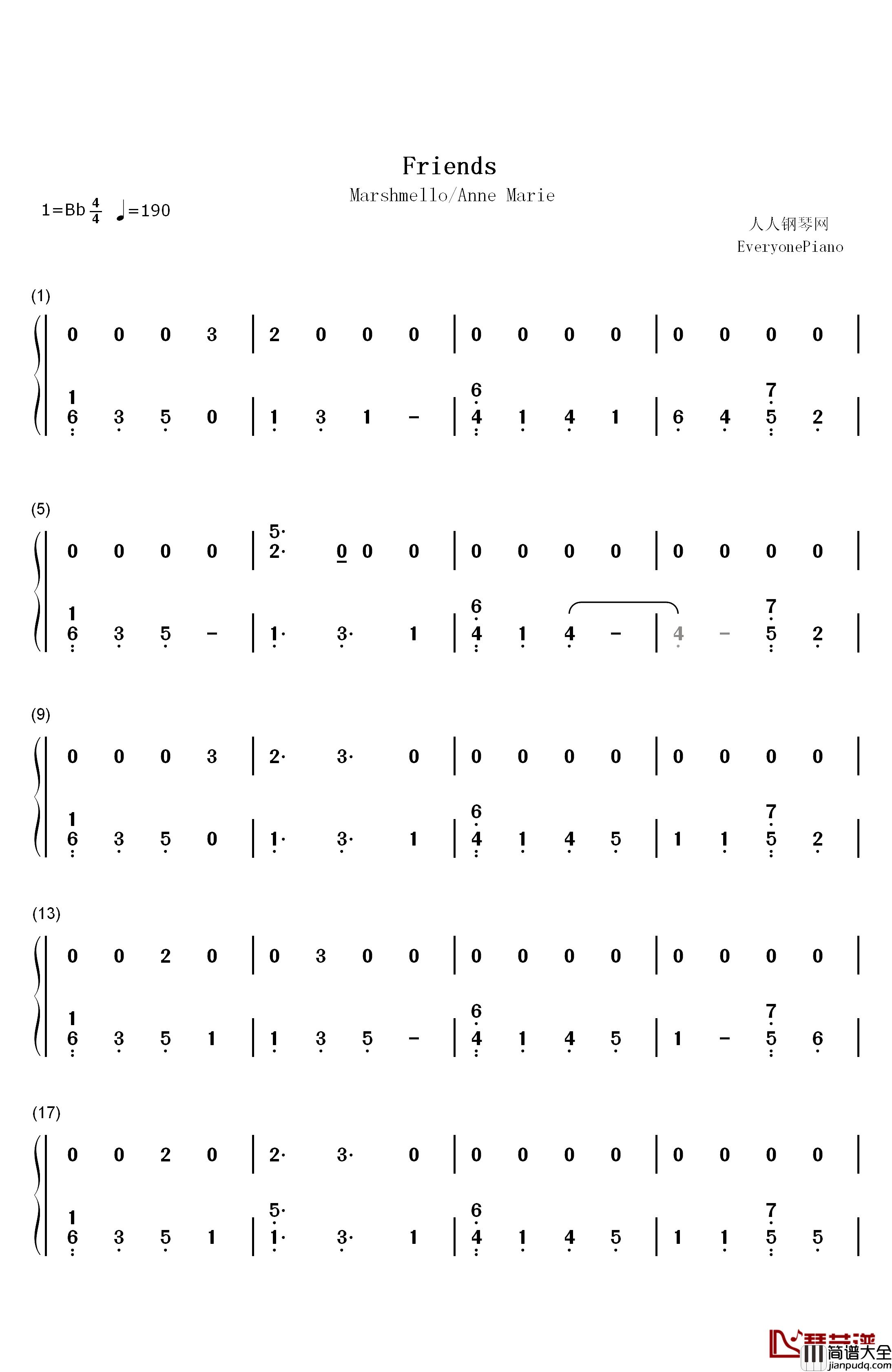 Friends钢琴简谱_数字双手_Marshmello_Anne_Marie