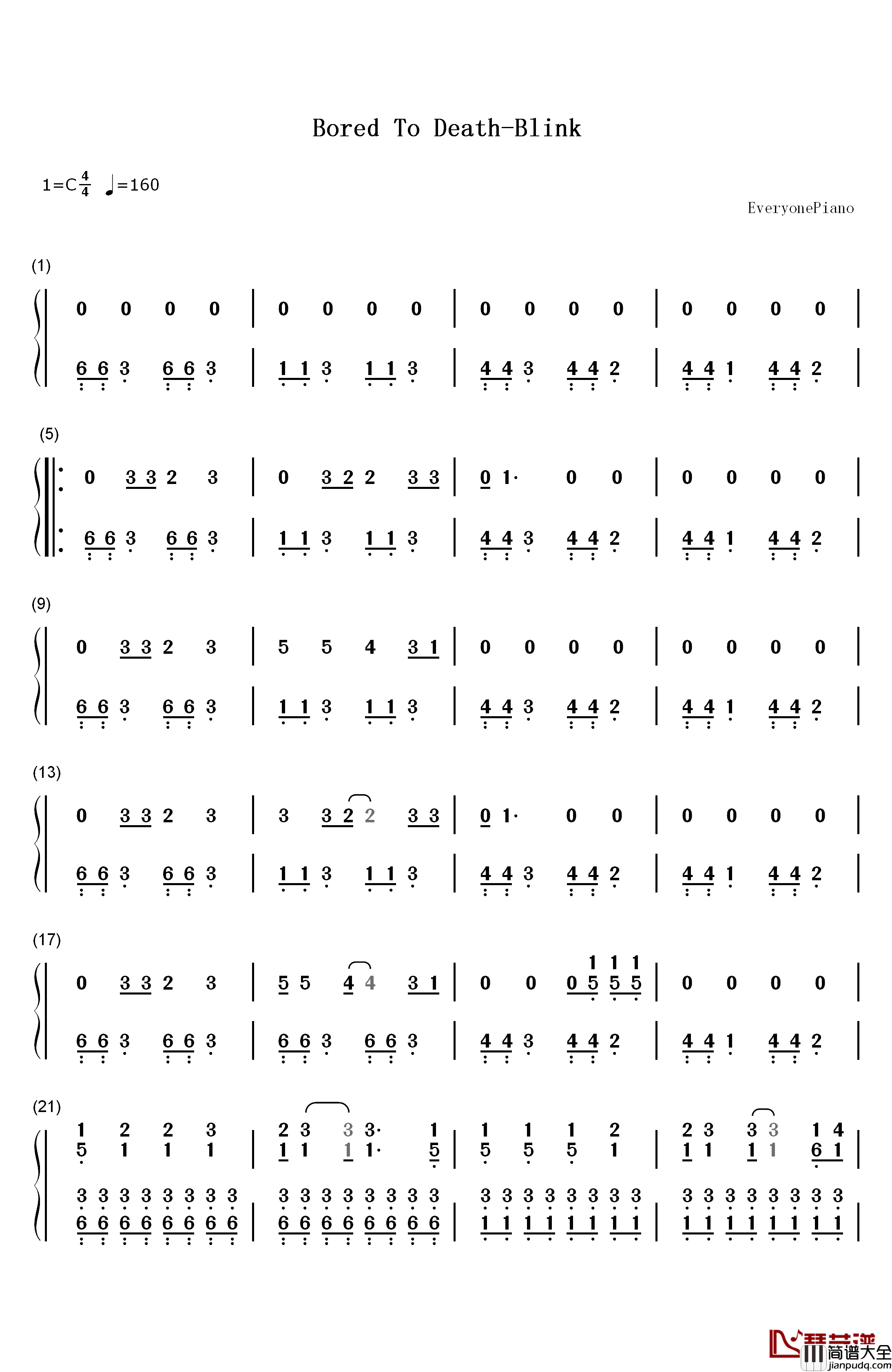 Bored_To_Death钢琴简谱_数字双手_Blink_182