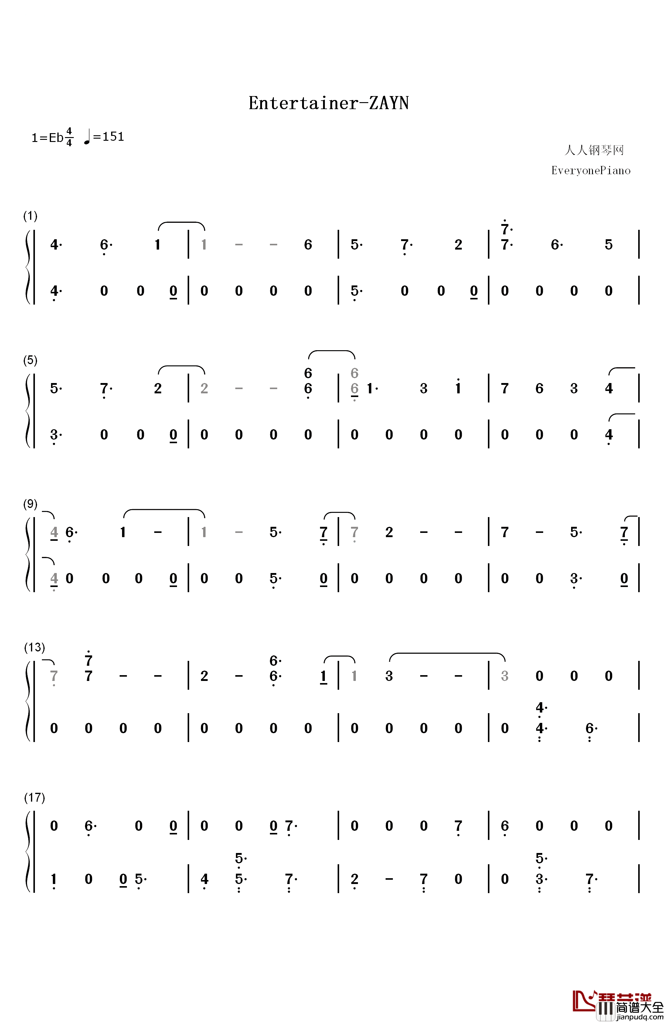 Entertainer钢琴简谱_数字双手_Zayn