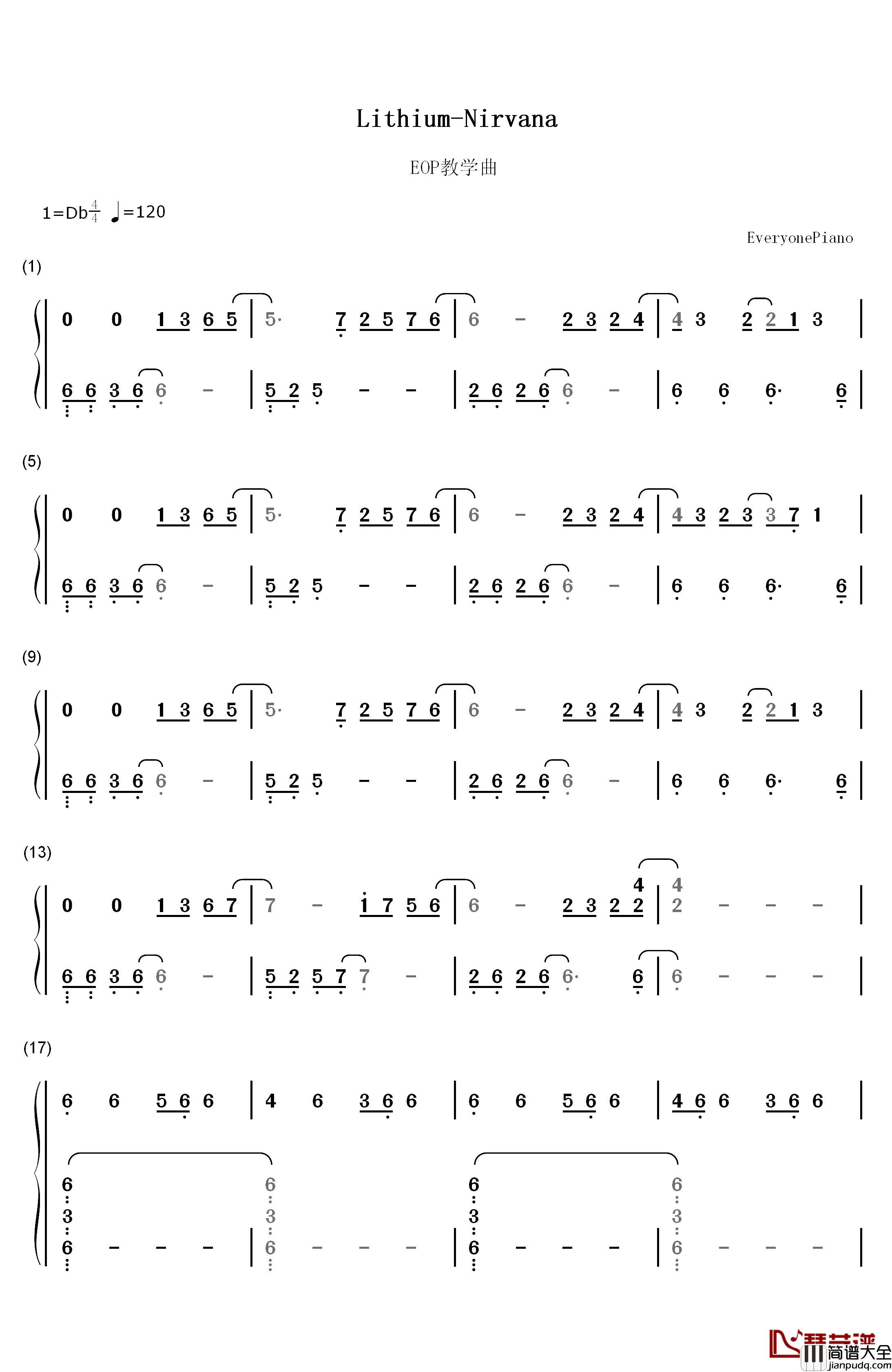 Lithium钢琴简谱_数字双手_Evanescence