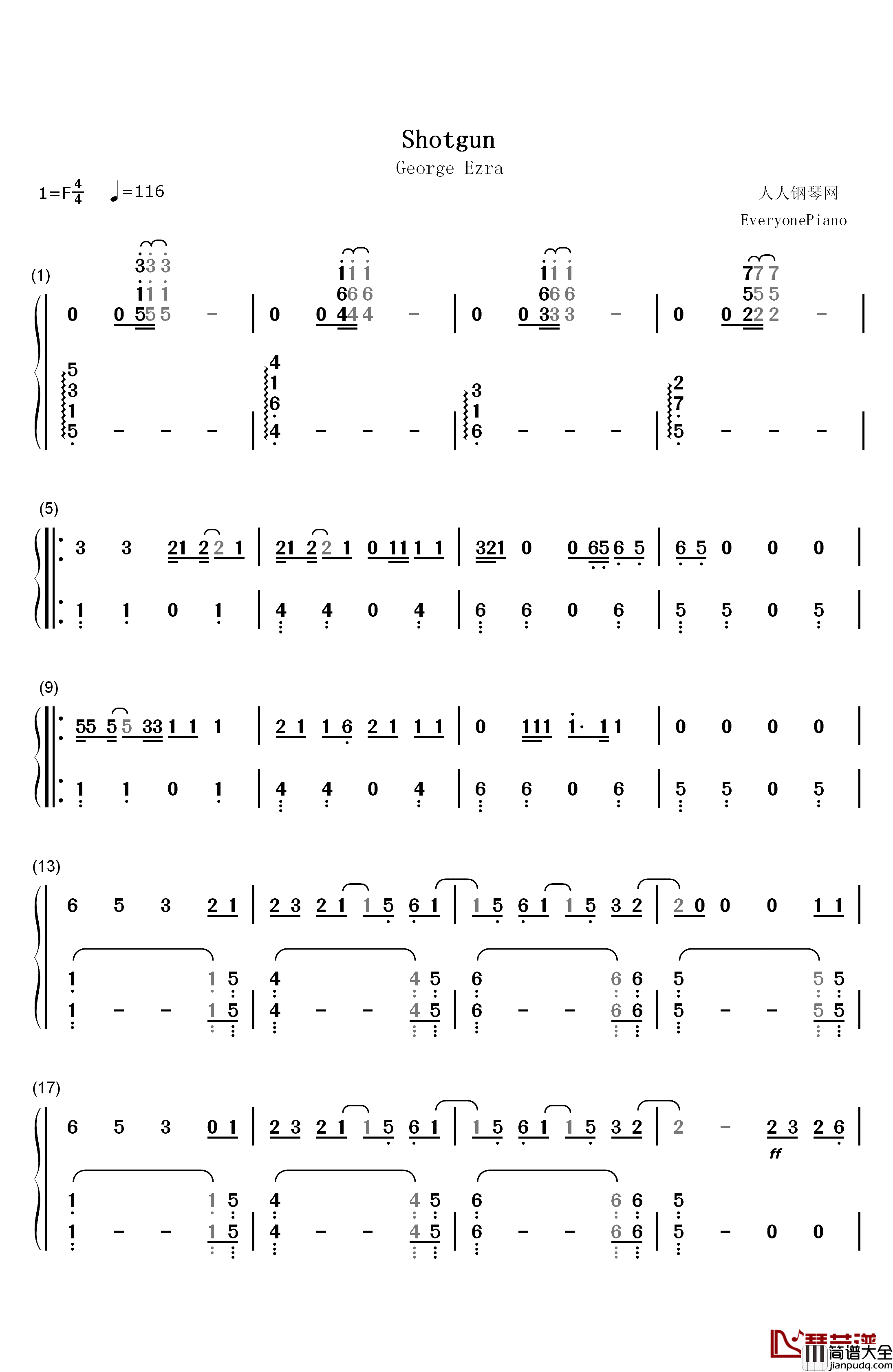 Shotgun钢琴简谱_数字双手_George_Ezra
