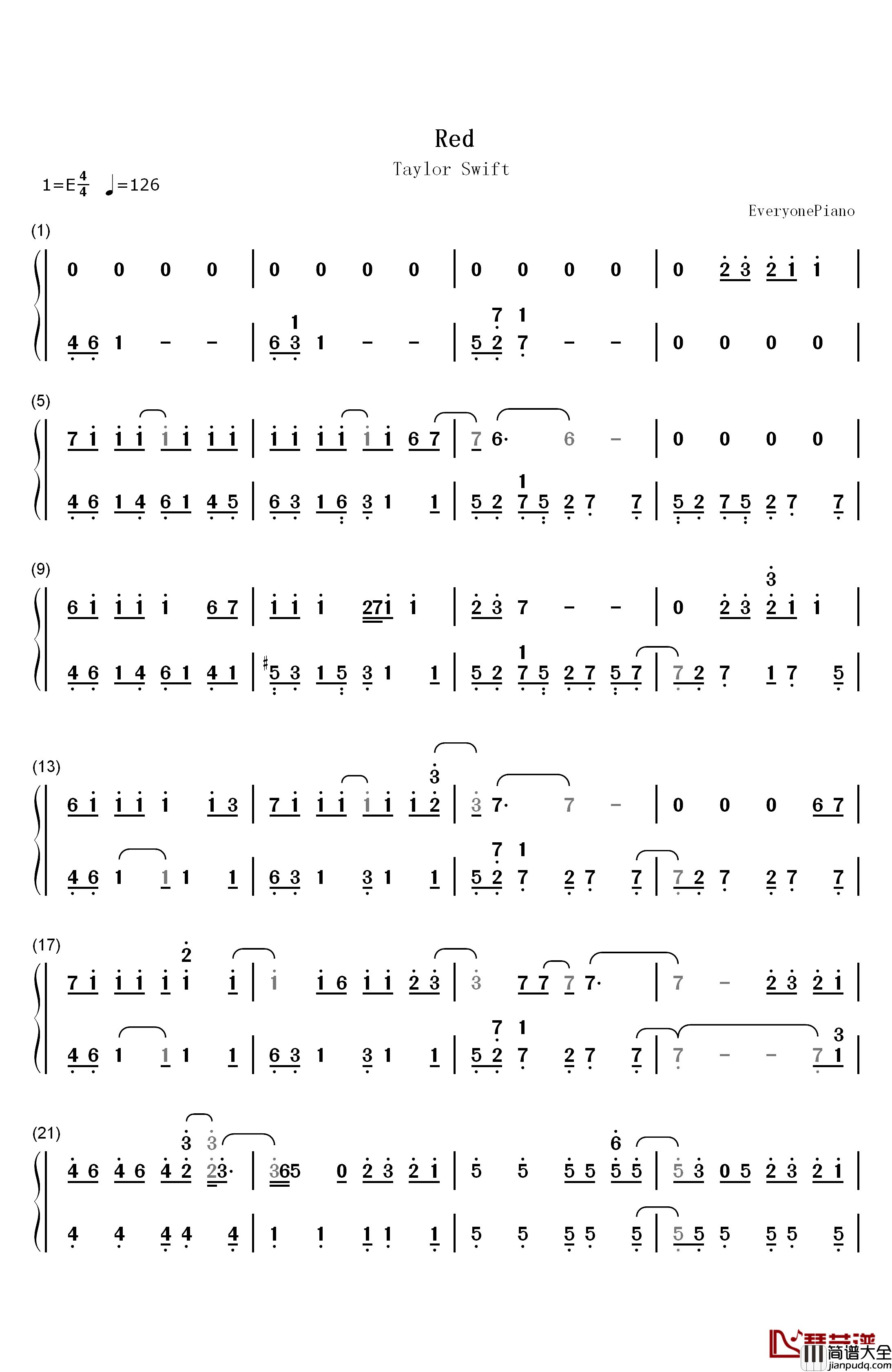 Red钢琴简谱_数字双手_Taylor_Swift